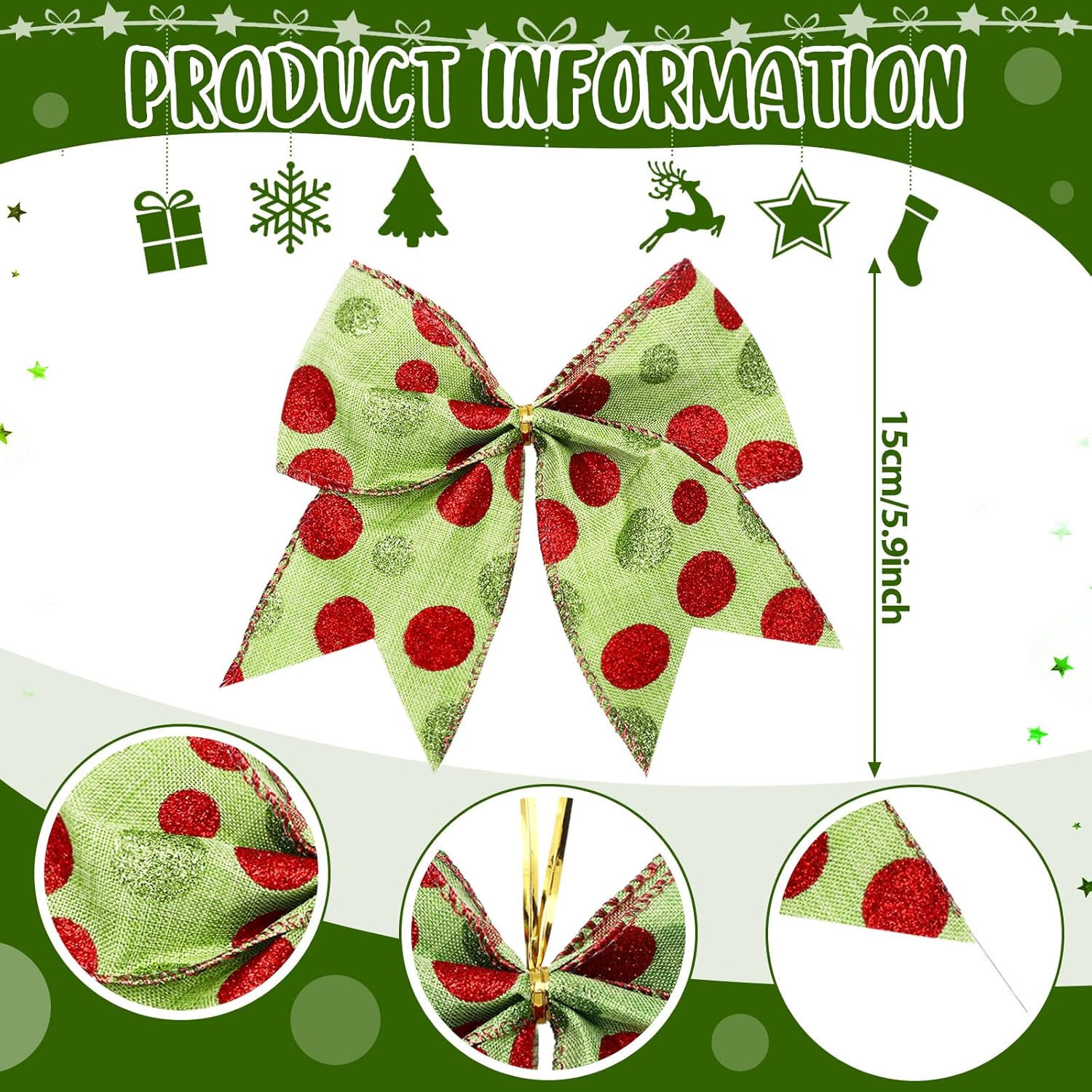 Jetec 12 lazos de Navidad rojos y verdes para decoración de coronas de Navidad grandes de 6 pulgadas, lazos de árbol de elfo, lazos de punto,