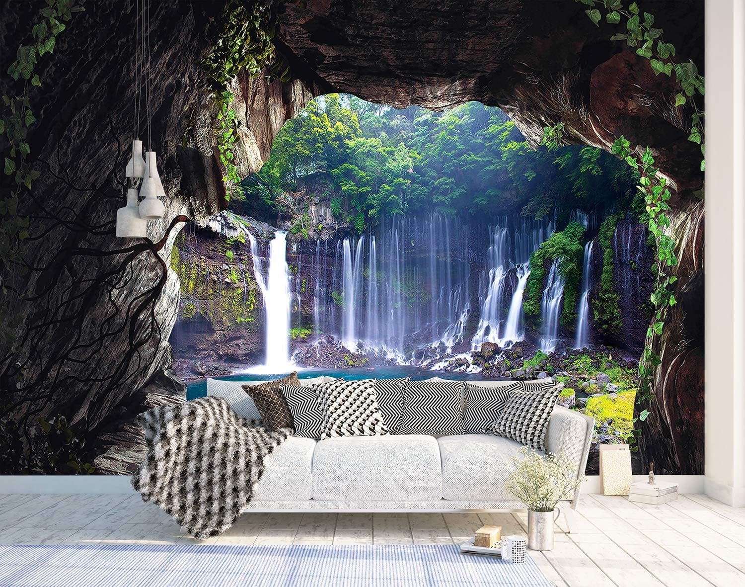 Papel tapiz de paisaje natural 3D Cave Waterfall para dormitorio (no despegar y pegar)