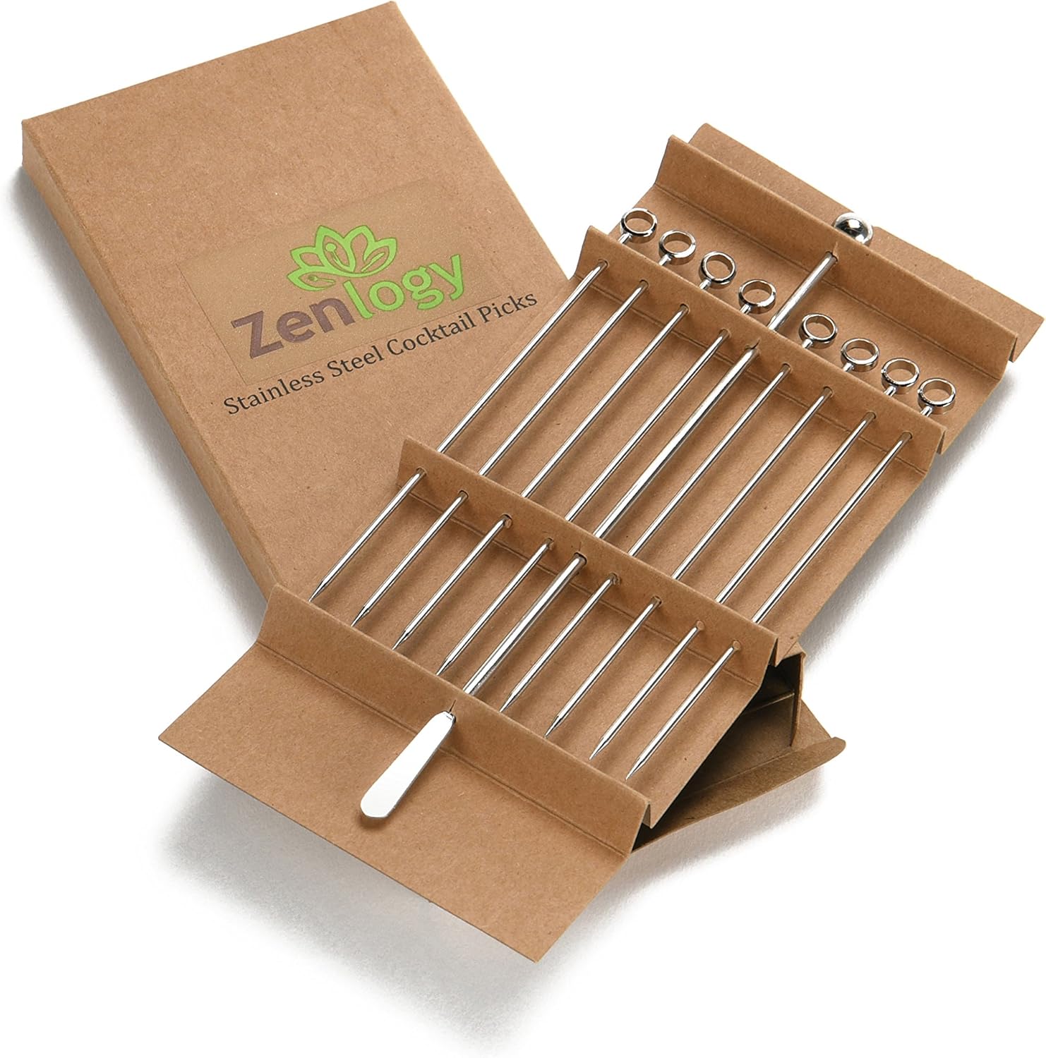 Zenlogy Púas de acero inoxidable de 5 pulgadas (juego de 8) y Swizzle Stick – Brochetas de oliva ideales – No se ahogarán en tus Martinis, cócteles