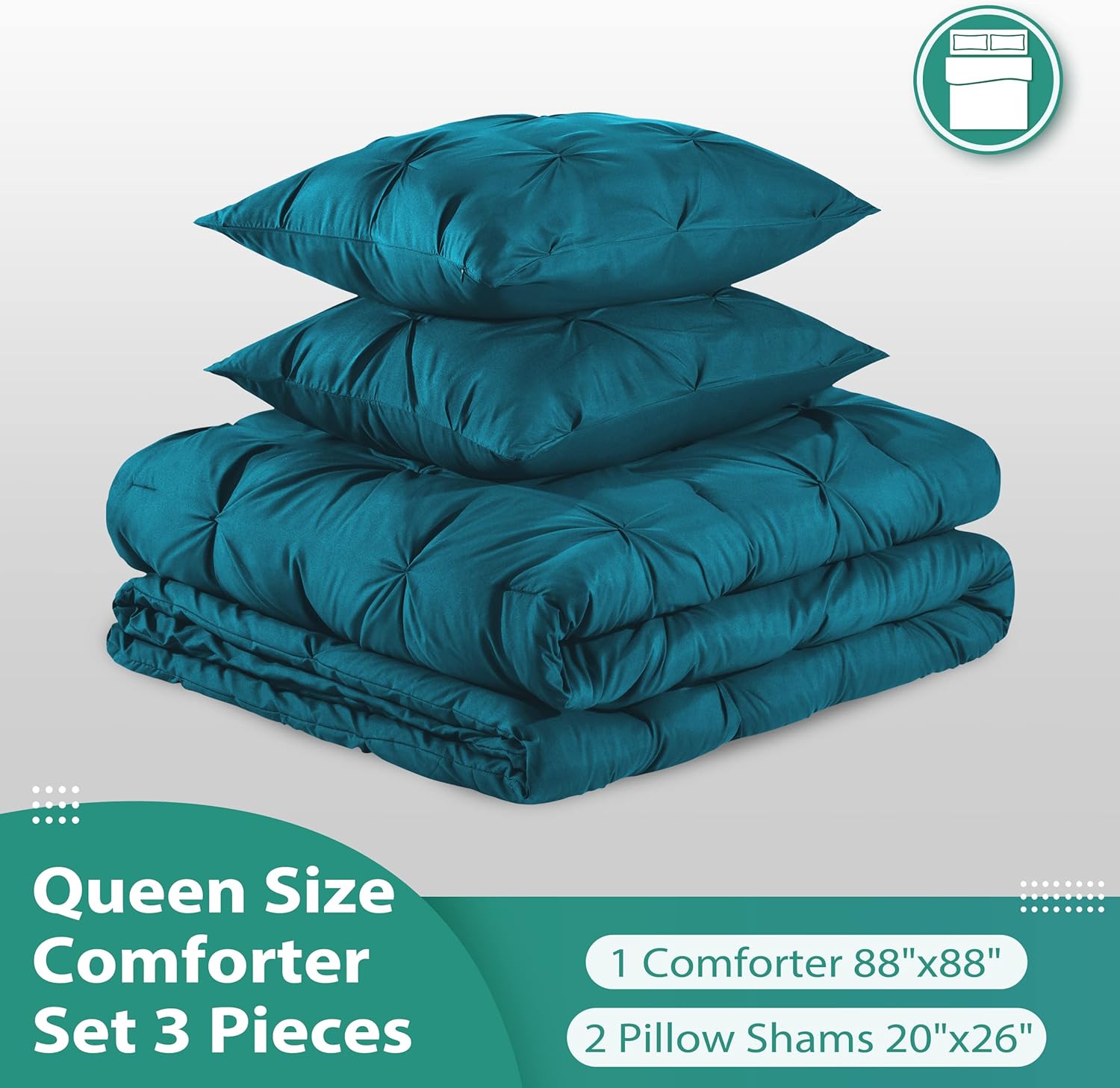 downluxe Pintuck – Juego de edredón Queen con 2 fundas de almohada, 3 piezas, juego de edredón de cama Queen color verde azulado cristalino para
