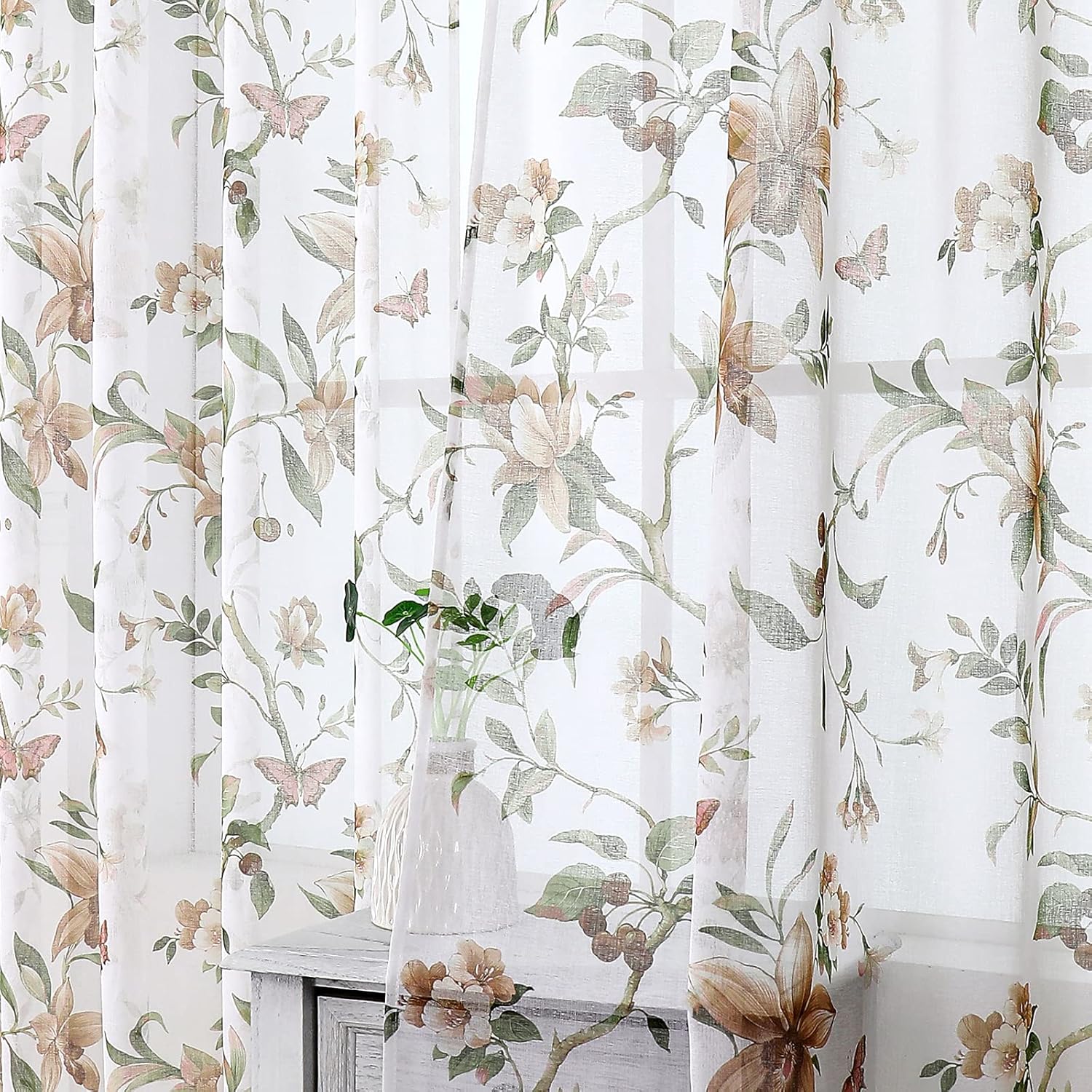 Tollpiz Cortinas traslúcidas con estampado floral de cerezo y mariposa, cortinas para sala de estar, cortinas con bolsillo para barra, aspecto de