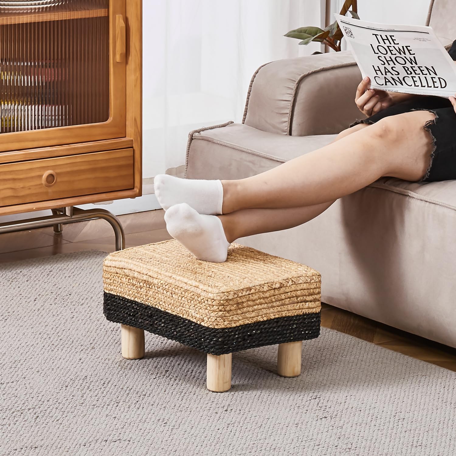 Cpintltr Taburete otomano rectangular, reposapiés, otomano, reposapiés natural de algas marinas con patas de madera, taburete tejido a mano para