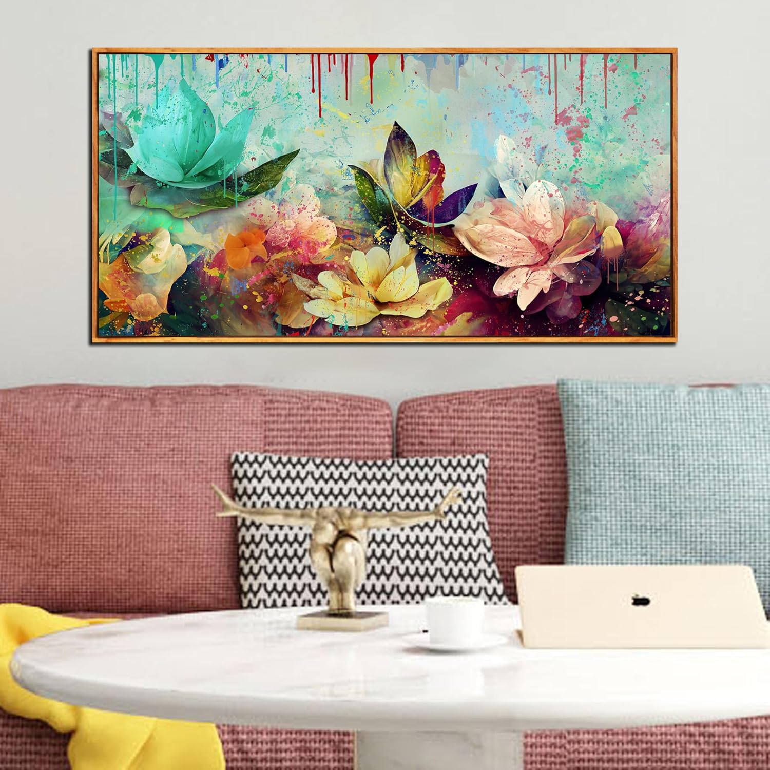 Arte de pared de flores para sala de estar, lienzo floral enmarcado para dormitorio, pintura de impresión de loto de acuarela, tamaño 40 x 20