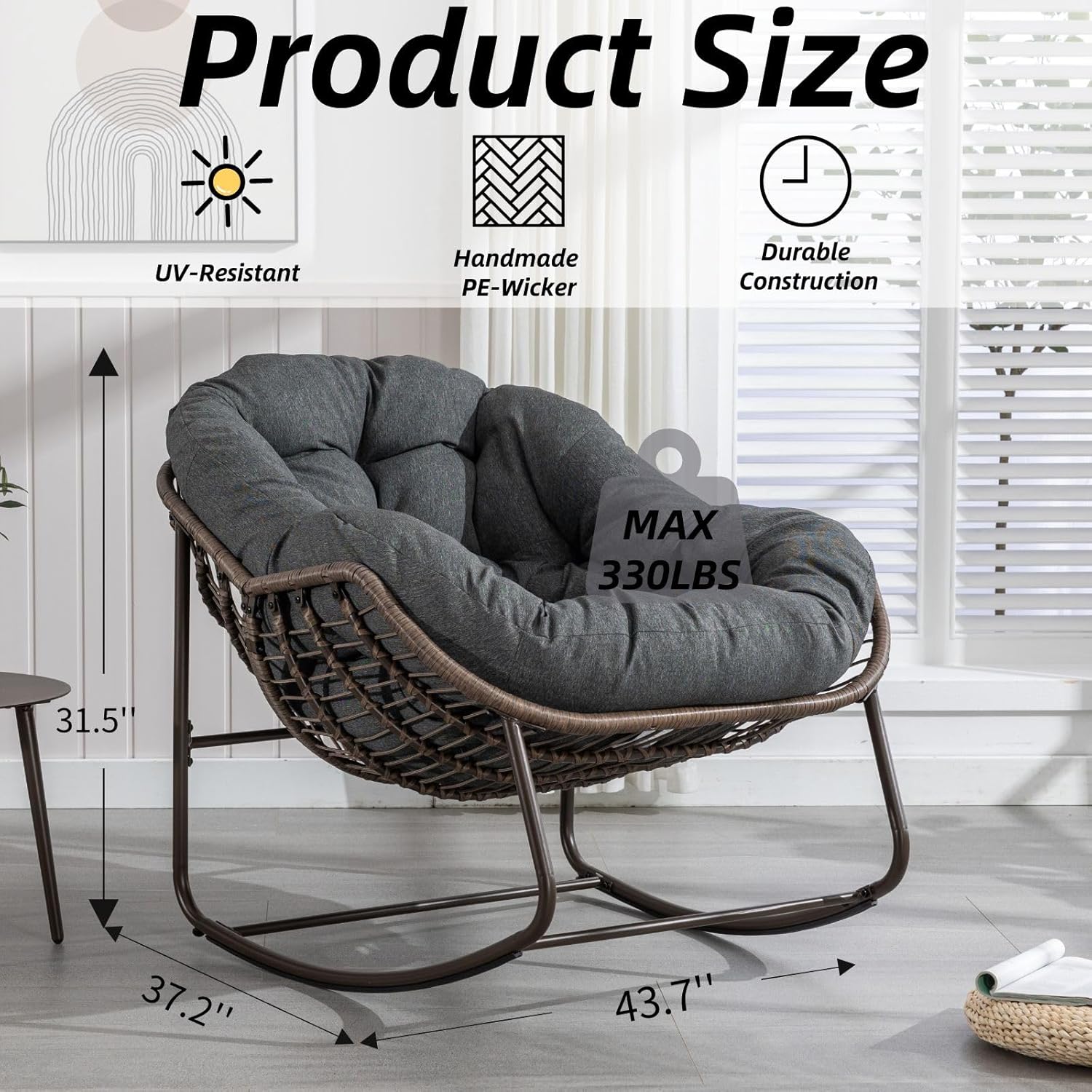 Luccalily Silla mecedora para porche delantero para interiores y exteriores, silla reclinable acolchada de ratán, para patio, jardín, sala de estar