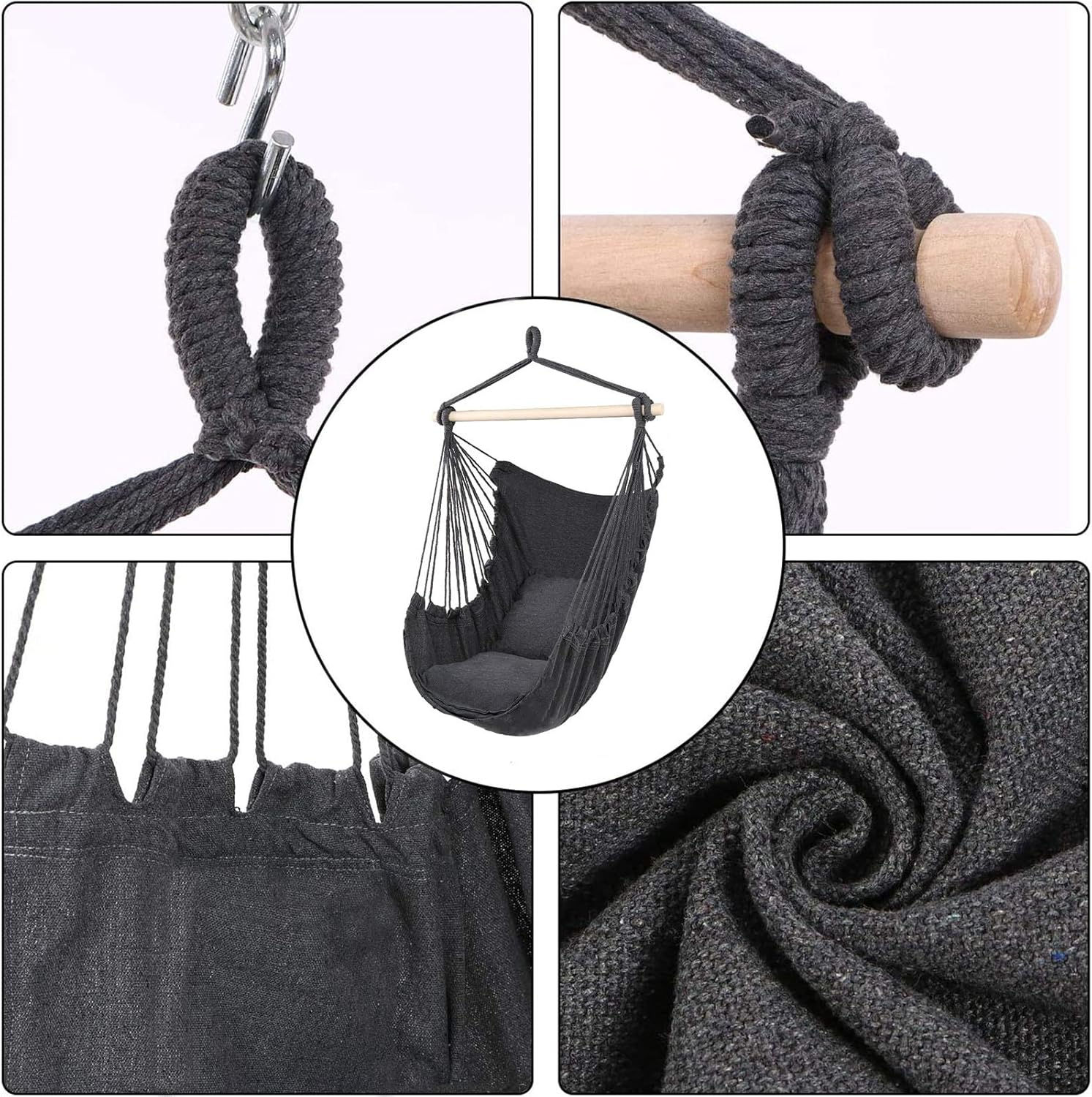 Silla hamaca columpio, silla colgante de macramé, lona de algodón, incluye dos cojines de asiento suaves, silla hamaca colgante de cuerda para