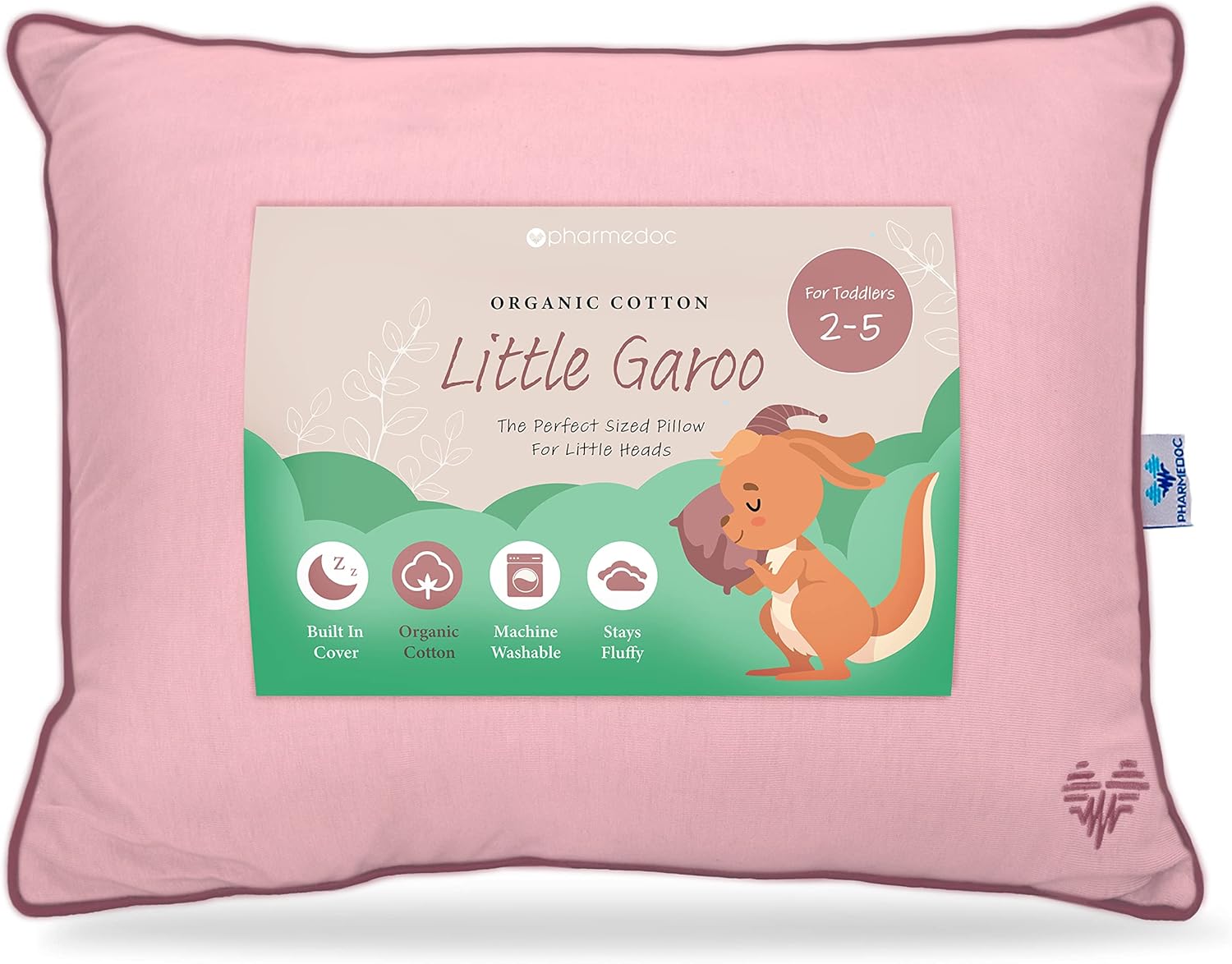 Pharmedoc Almohada para niños pequeños con funda de almohada, almohada Little Garoo de 14 x 19 pulgadas, almohadas de algodón orgánico rosa para