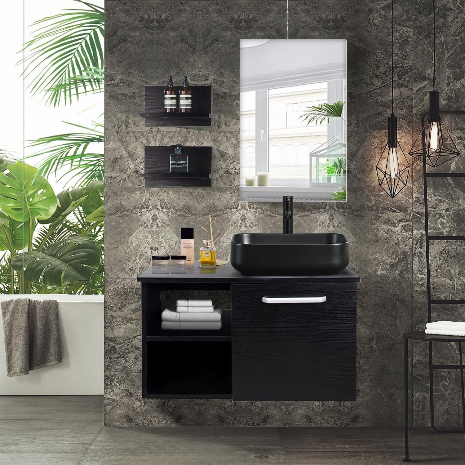 Puluomis Tocador de baño, gabinete de madera de pared moderno de 28 pulgadas con espejo, accesorio de madera negra con encimera cuadrada negra de