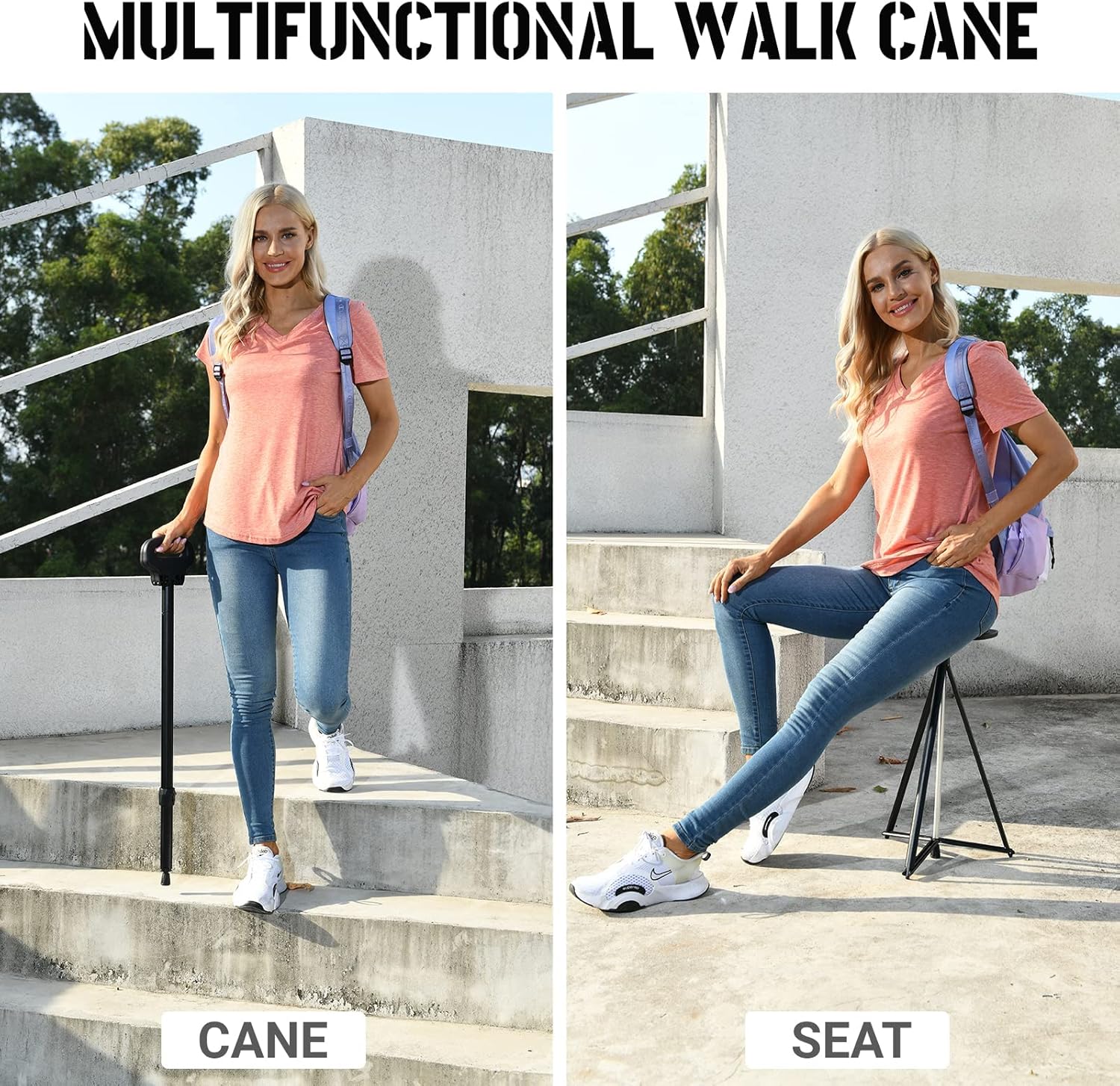 Bastón con asiento, asiento de bastón portátil ajustable, bastón con asiento, taburete plegable con 2 bases de bastón, bolsa de almacenamiento de