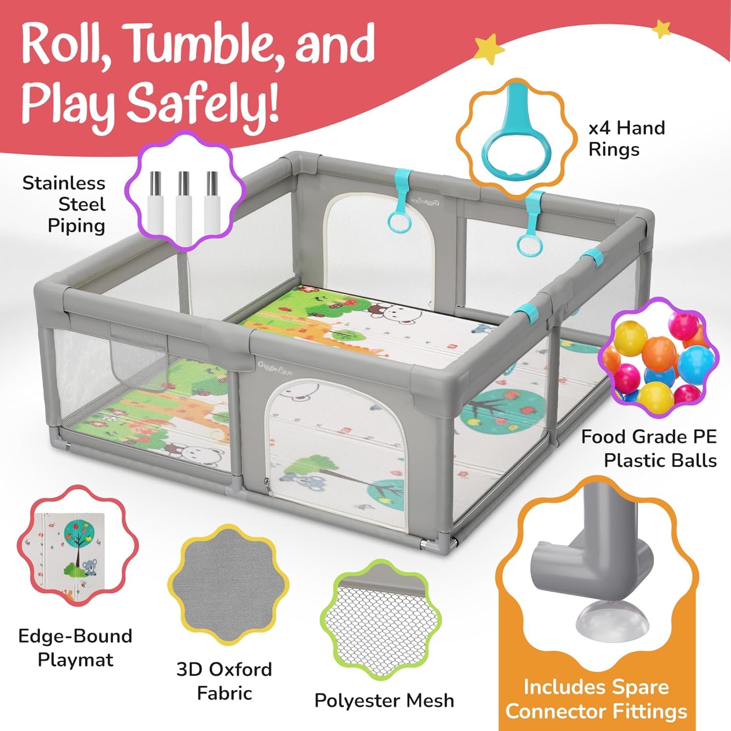 GiggleLux Corralito para bebés con alfombrilla incluida, tapete de agua para el tiempo boca abajo, anillos de mano, 30 bolas de pitballs y bolsa de