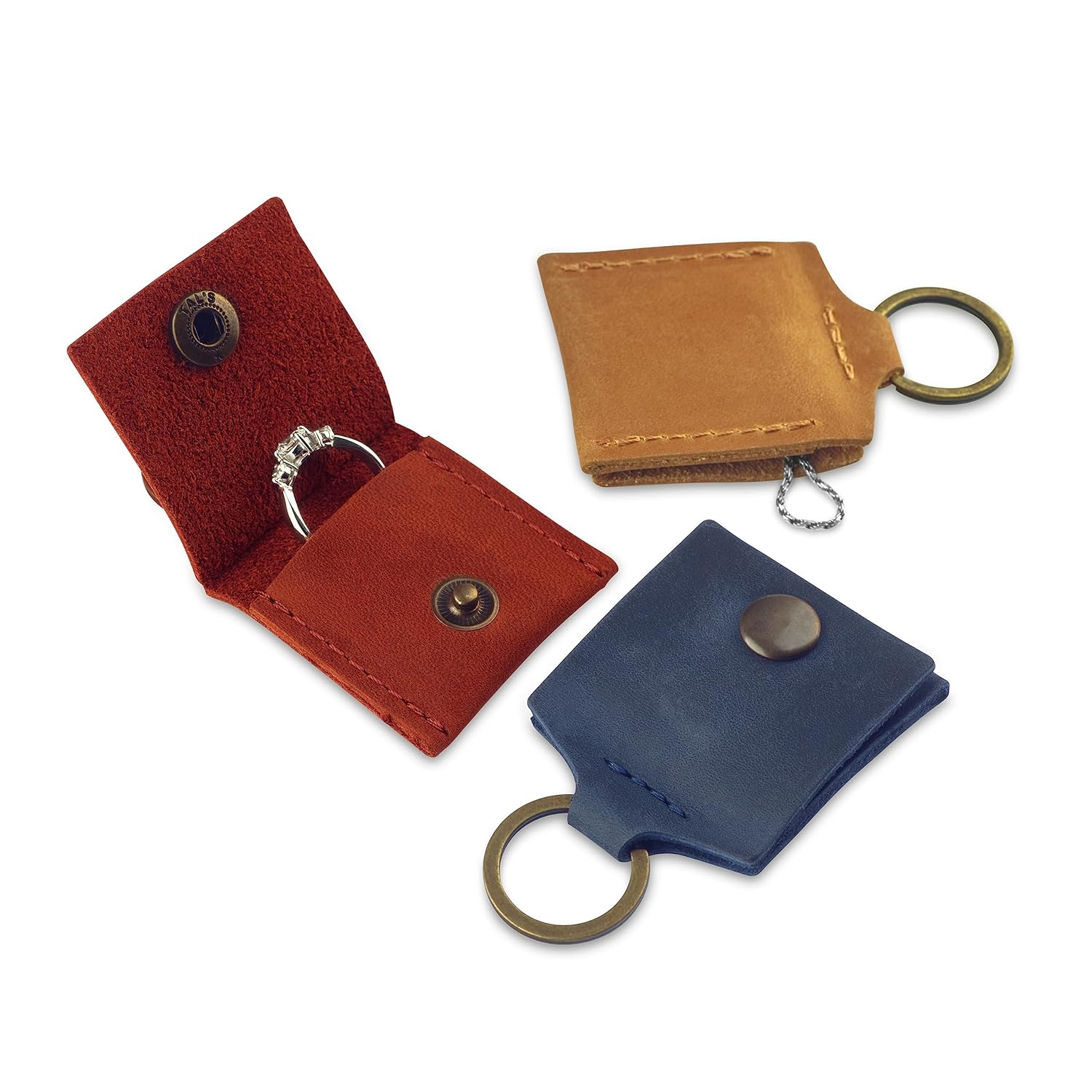 Leather Keychain Ring Holder, Wedding Ring Travel Case, Engagement Ring Holder, Ring Pouch, Workout and Gym Ring Holder (Blue)