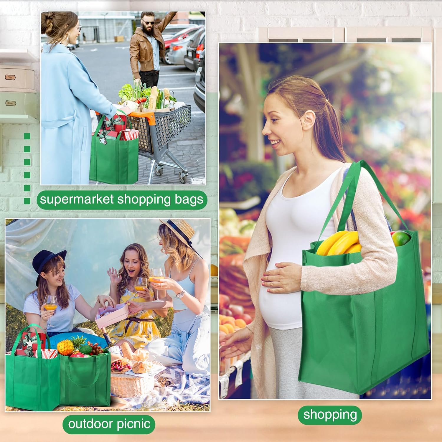 20 bolsas de comestibles reutilizables con asas reforzadas, bolsas de compras grandes y resistentes, bolsas de Navidad