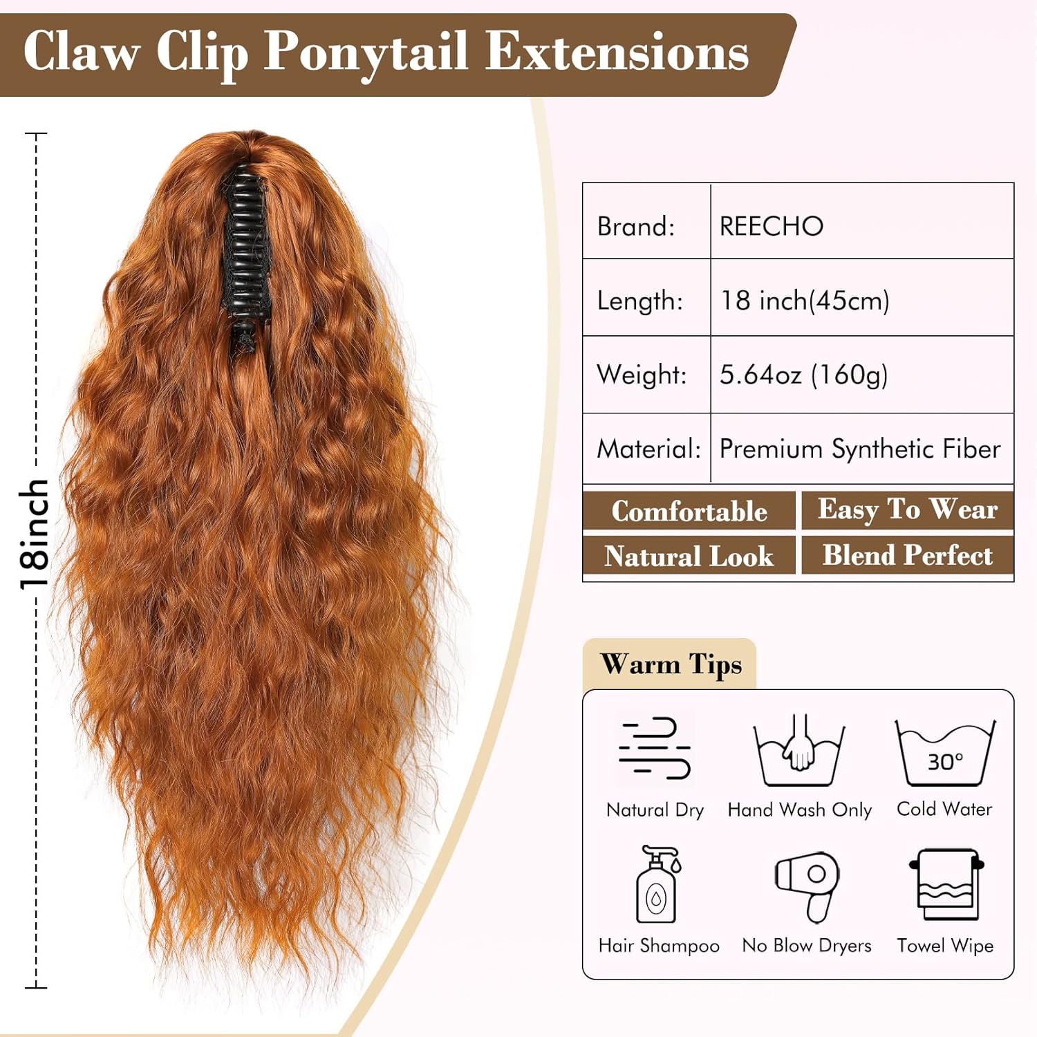 REECHO Extensión de cola de caballo, extensión de cola de caballo de 18 pulgadas con clip de garra para mujer, extensiones de cabello largo y
