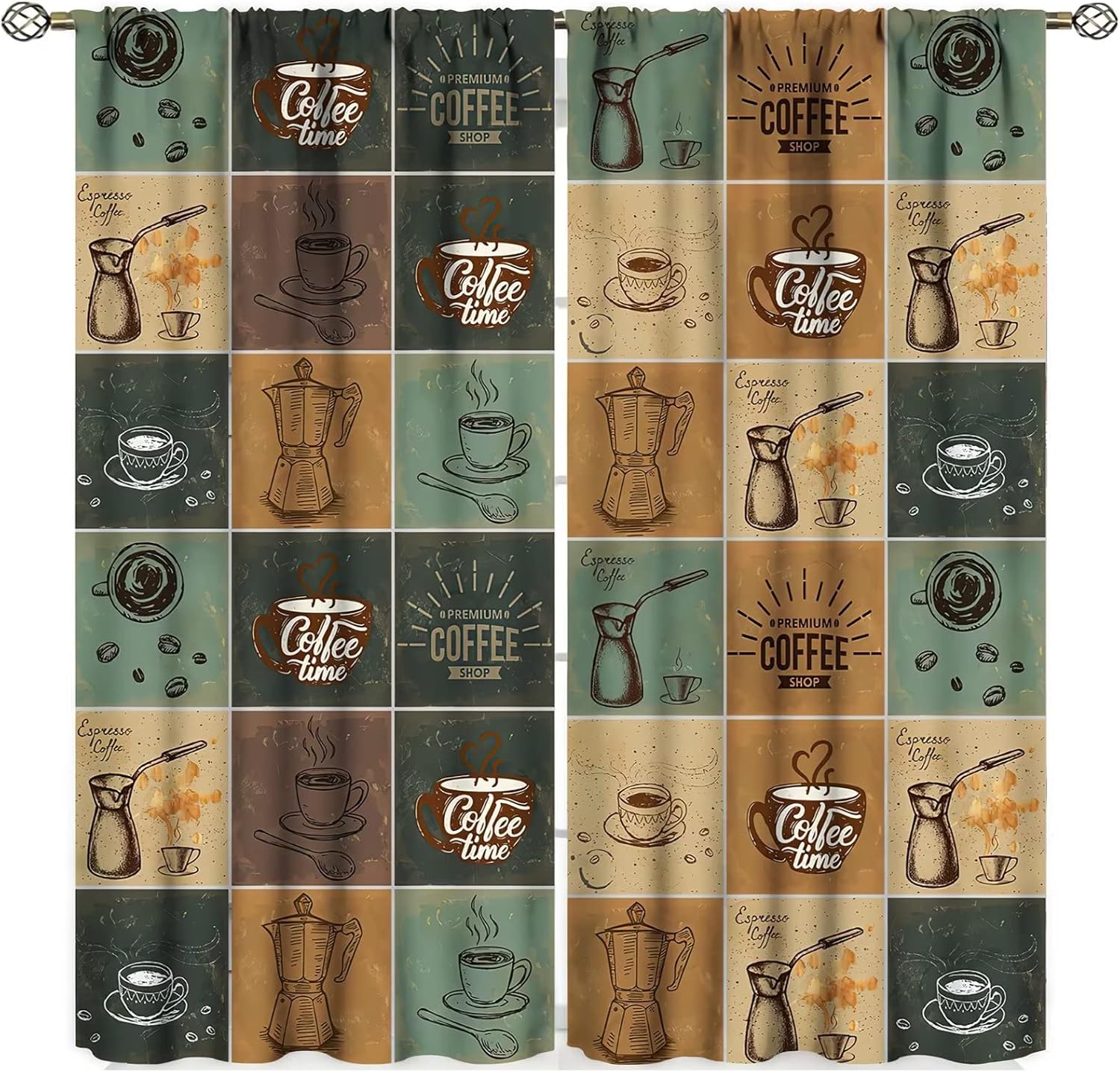 Cortinas de ventana de cocina de café, juego de cafetería y café, diseño vintage de café, oscurecimiento de habitación, cortina con bolsillo para