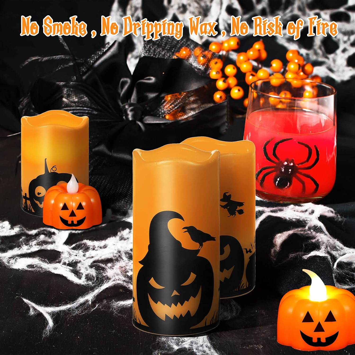 Nuanchu 3 velas LED sin llama de Halloween que funcionan con pilas, velas de cera surtidas, velas sin llama con 6 lámparas de calabaza para