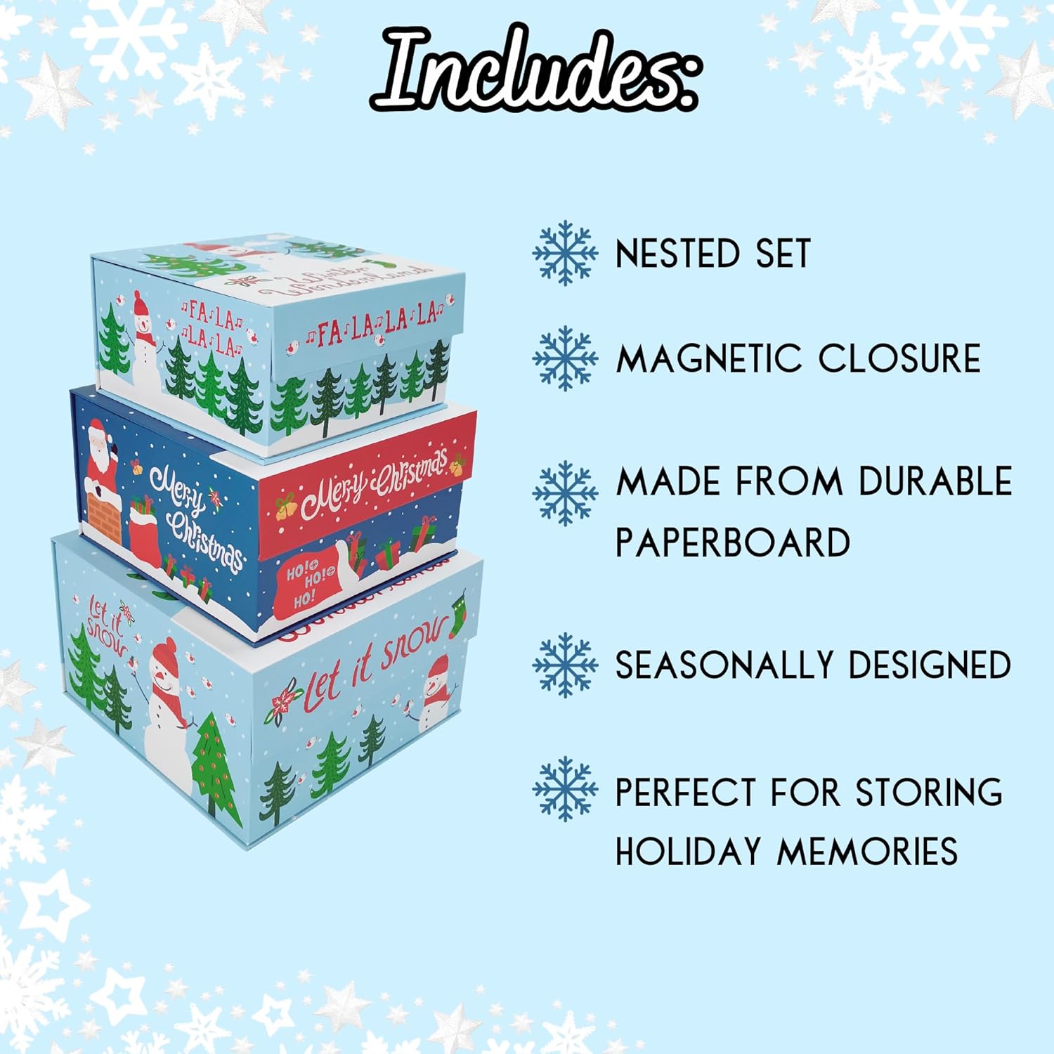 VOTUM Juego de 3 cajas de almacenamiento anidables para las fiestas, contenedores decorativos de cartón apilables con tapas ajustadas y refranes de