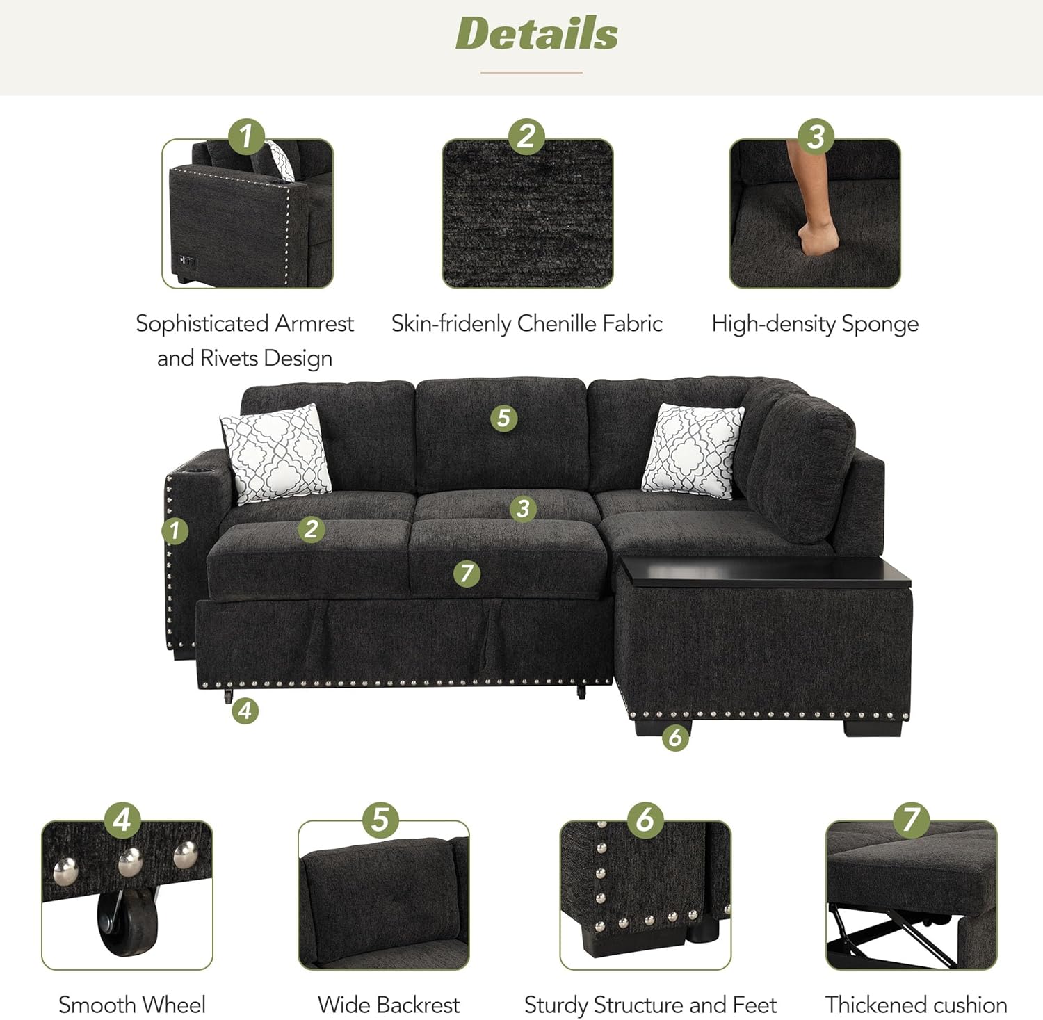 Sofá cama modular reversible de 83.8 pulgadas con diván de almacenamiento, sofá esquinero en forma de L con puertos USB y enchufes de corriente,