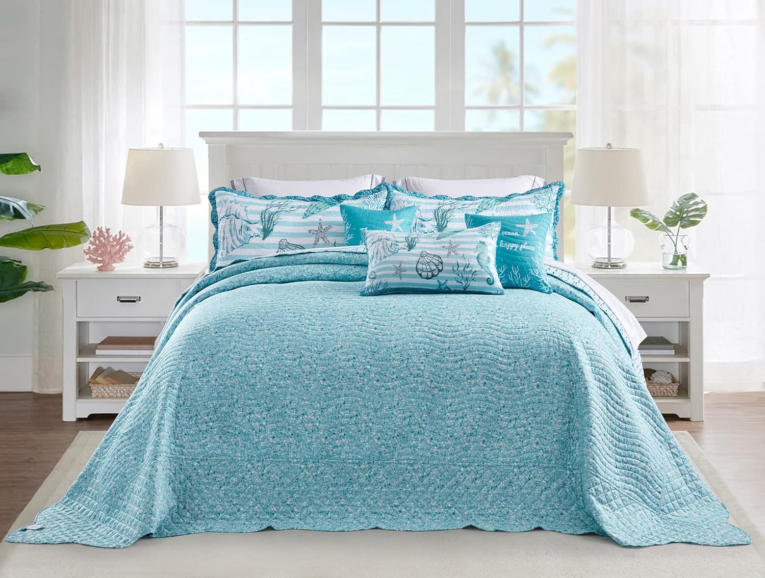 HZ & HY Coastal – Colcha extragrande extragrande de 128 x 120 pulgadas, extra ancha, ropa de cama ligera para playa, colcha náutica, costuras