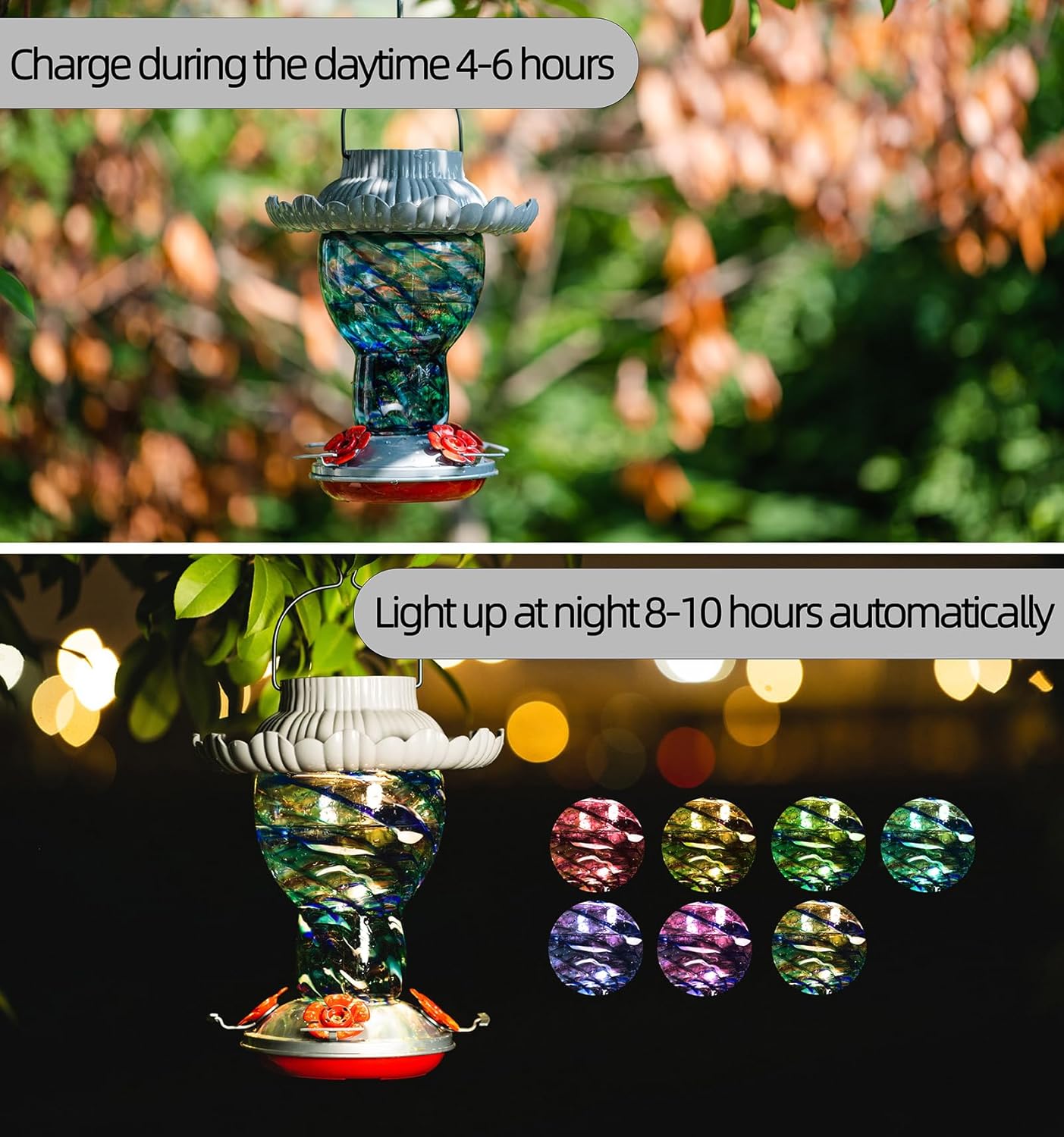 Comedero solar para colibríes para exteriores, colgante a prueba de hormigas y abejas, 25 onzas, luz que cambia de color, vidrio soplado a mano,