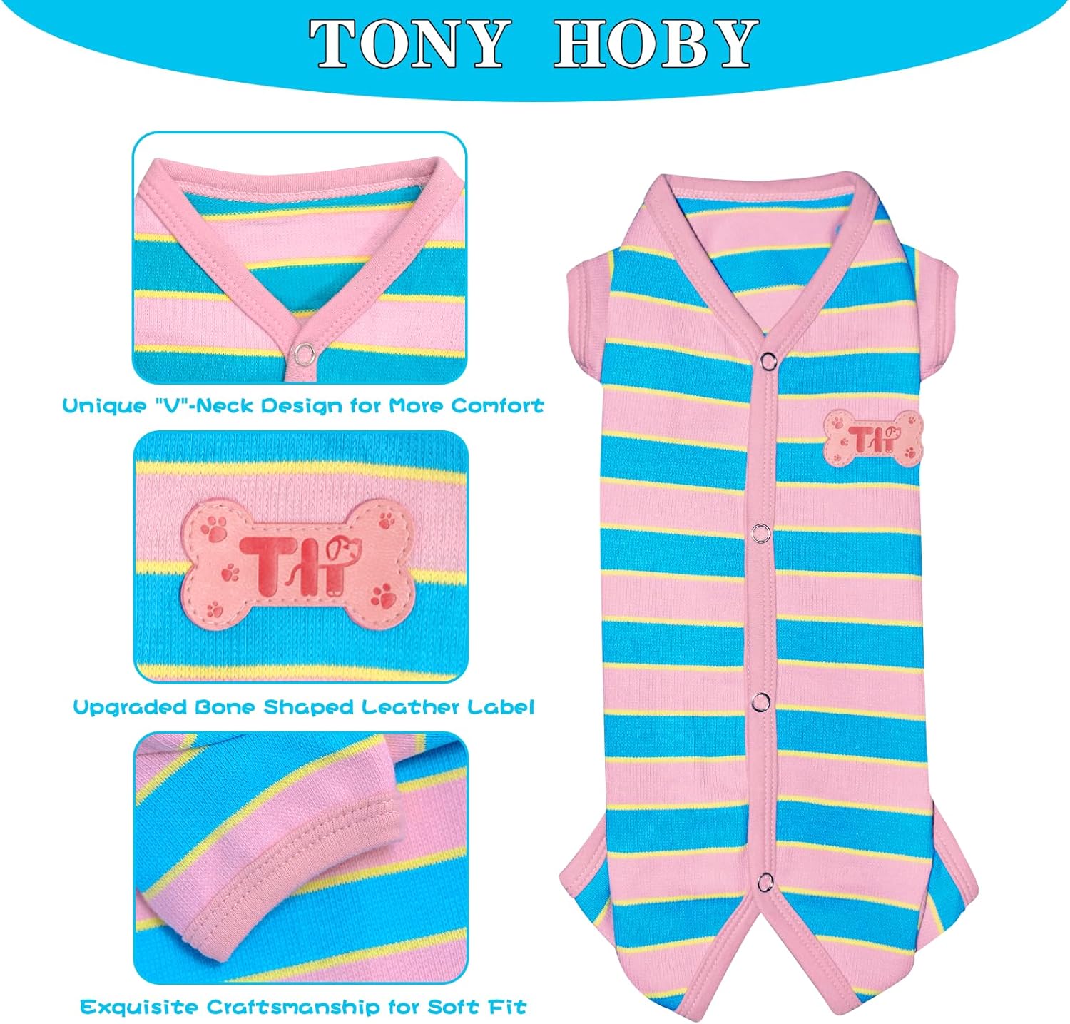 TONY HOBY Pijama para perro hembra, camisa para perro con rayas coloridas, ropa para mascotas para perros pequeños y medianos (rosa y azul, niña, L)