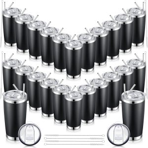 SEEWEY Paquete de 24 vasos de viaje aislados de 20 onzas, vaso de viaje al vacío de doble pared con tapa y pajita, tazas de café de doble pared de SEEWEY Paquete de 24 vasos de viaje aislados de 20 onzas, vaso de viaje al vacío de doble pared con tapa y pajita, tazas de café de doble pared de