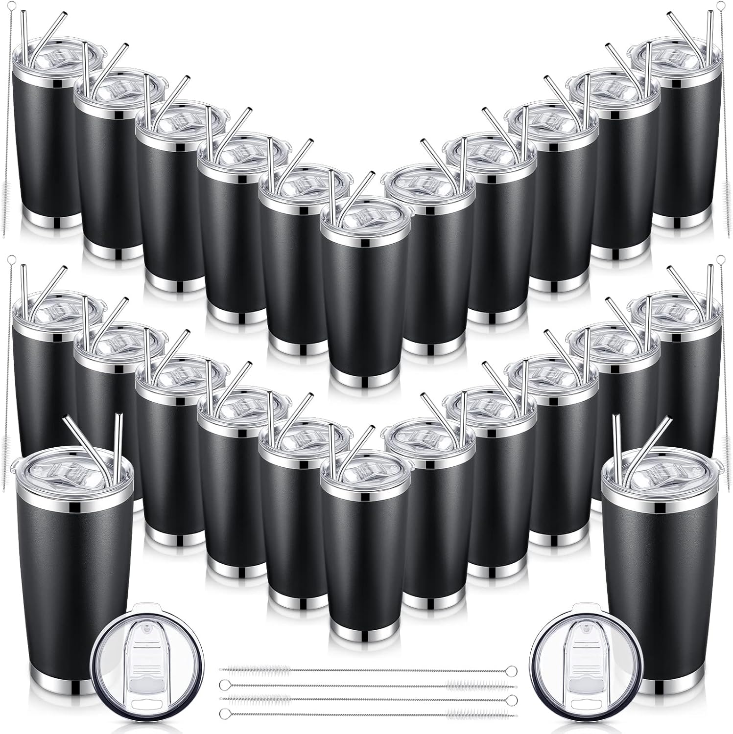 SEEWEY Paquete de 24 vasos de viaje aislados de 20 onzas, vaso de viaje al vacío de doble pared con tapa y pajita, tazas de café de doble pared de