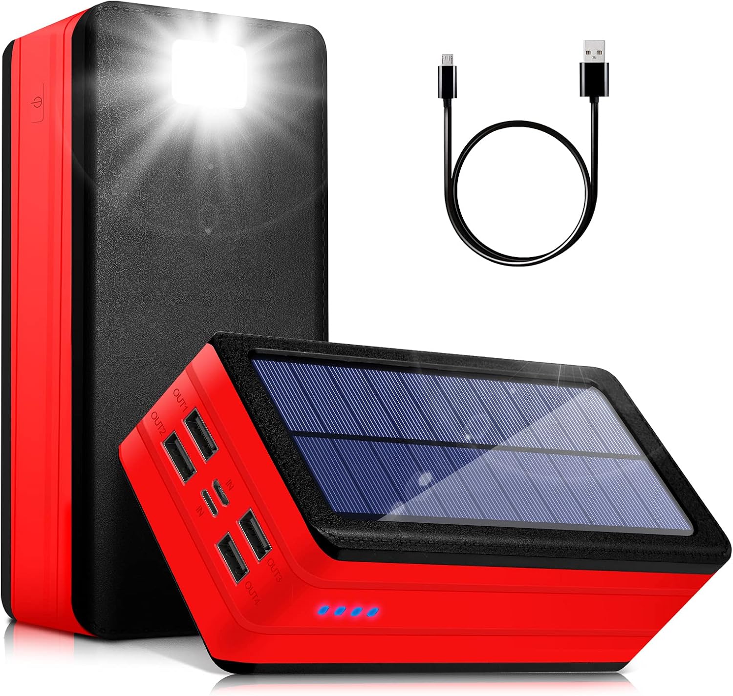 Banco de energía solar de 50000 mAh, cargador de teléfono solar portátil con linterna, 4 puertos de salida, 2 puertos de entrada, banco de batería