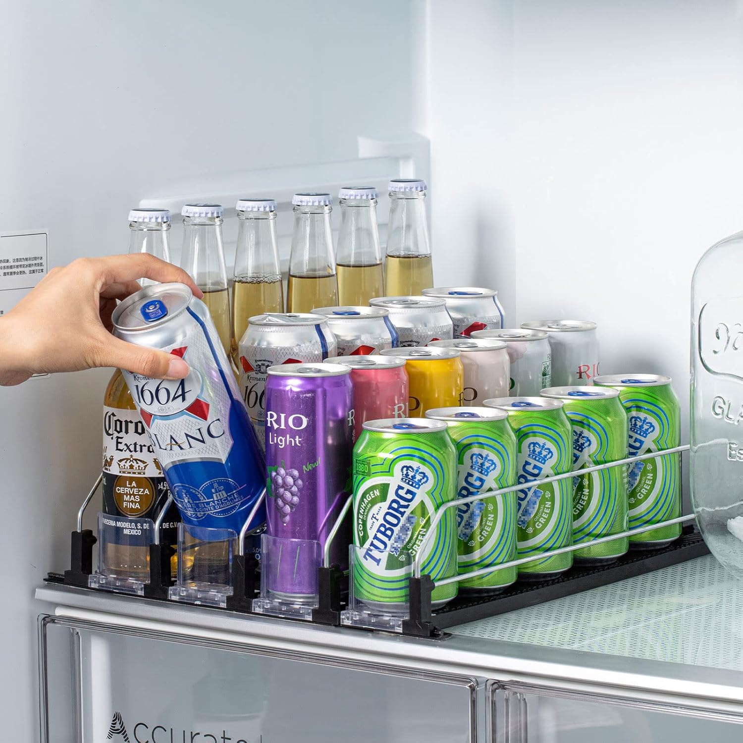 Rula Organizador de bebidas para refrigerador, dispensador de latas de soda autoempujable para refrigerador, negro, 4 filas, 16.2 pulgadas de