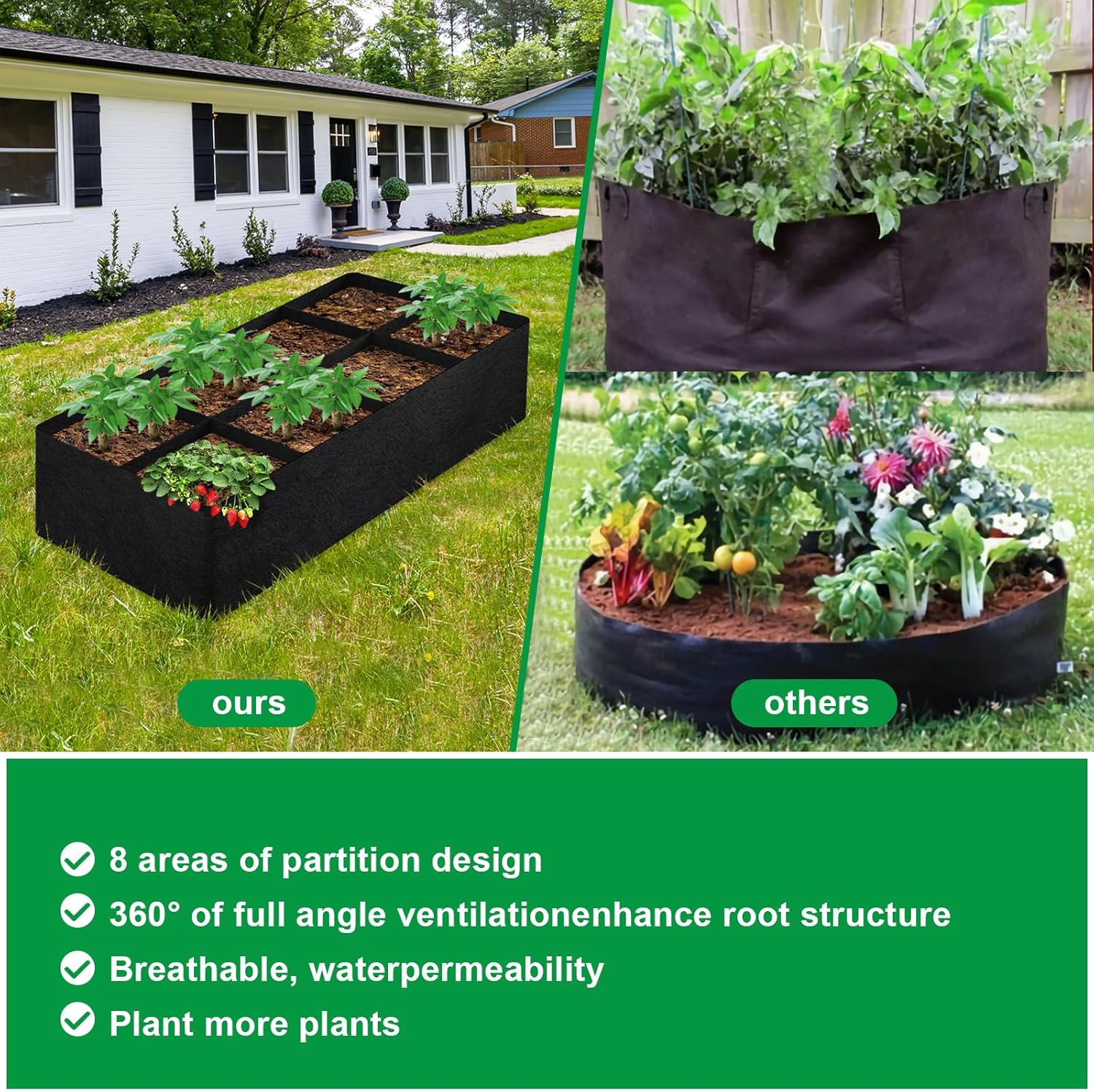 Paquete de 2 camas de jardín elevadas de tela de 128 galones, 8 rejillas, bolsas de cultivo de plantas de 6 x 3 x 1 pies para plantas al aire libre,