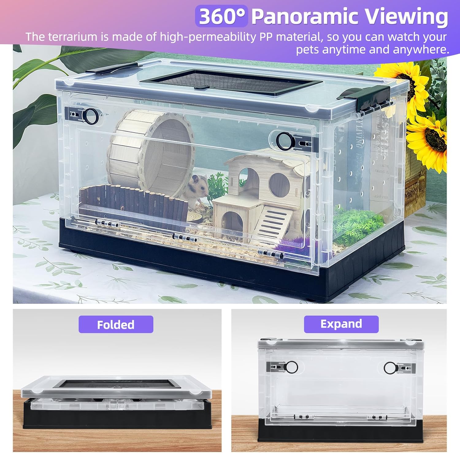 RunDuck Jaulas grandes para animales pequeños, jaula grande, plegable, portátil, con visión de 360, ventiladas con villas, ruedas de ejercicio, para