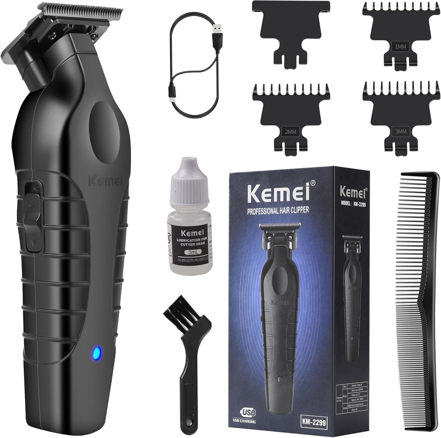 Kemei 2299 Cortadora profesional de pelobarba para hombres, cortapelos sin huecos para barbero con hoja en T, recargable inalámbrica