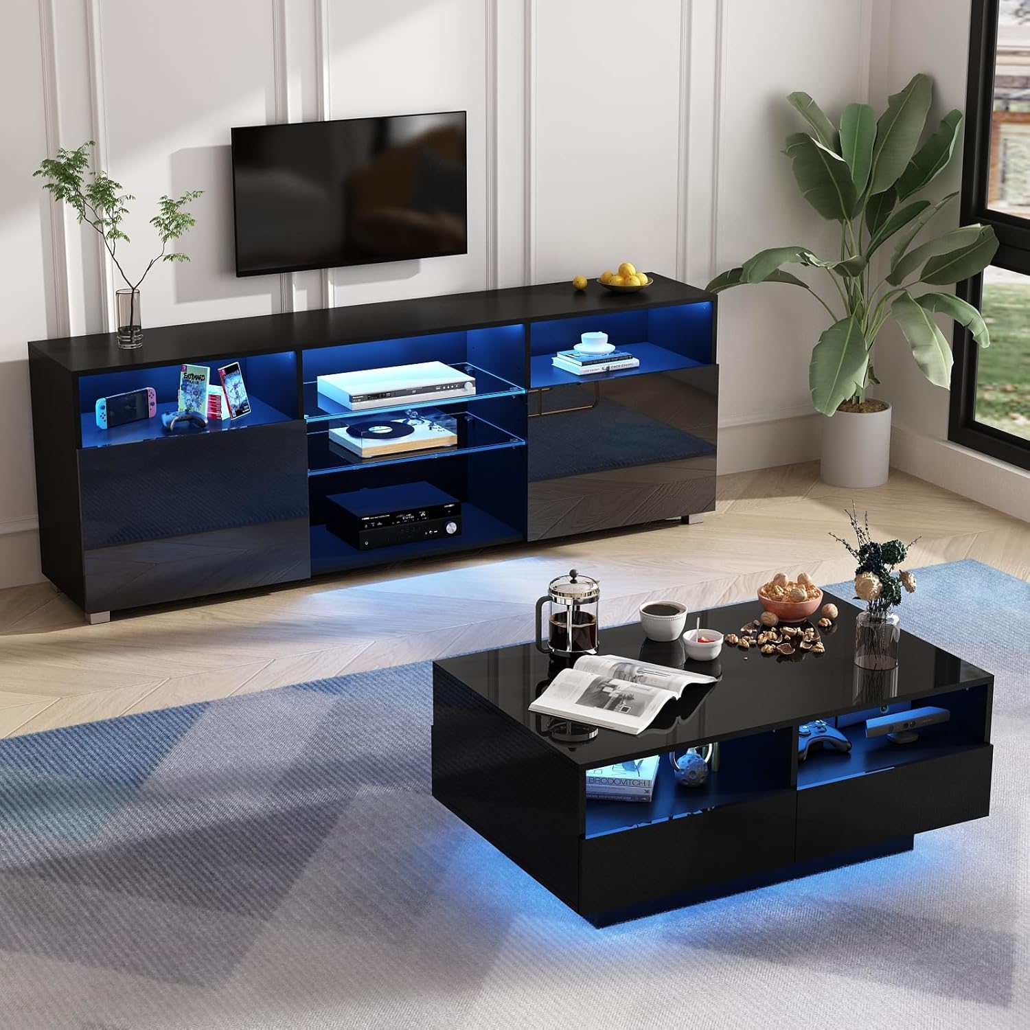 St.Mandyu Soporte de TV LED para TV de 6575 pulgadas, moderno centro de mesa de televisión con cajón y luces LED, centro de entretenimiento de alto