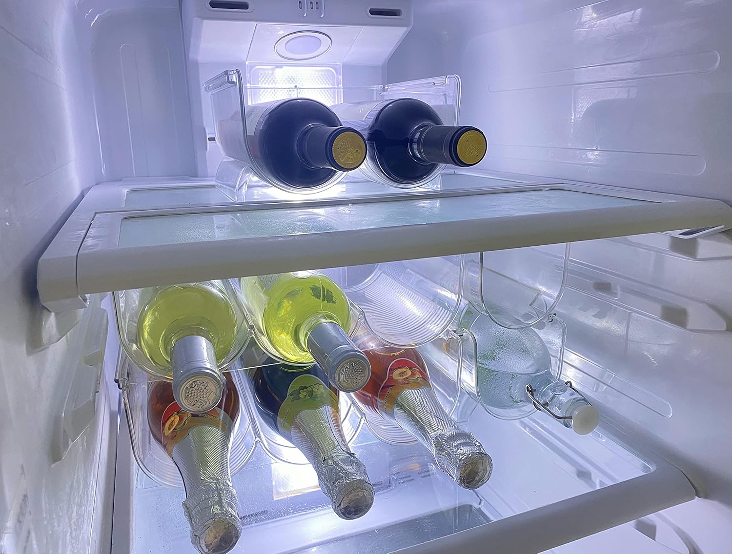 OKITCHEN Juego de 4 estantes de vino para refrigerador, organizador de almacenamiento de botellas de agua para gabinete, estante apilable para