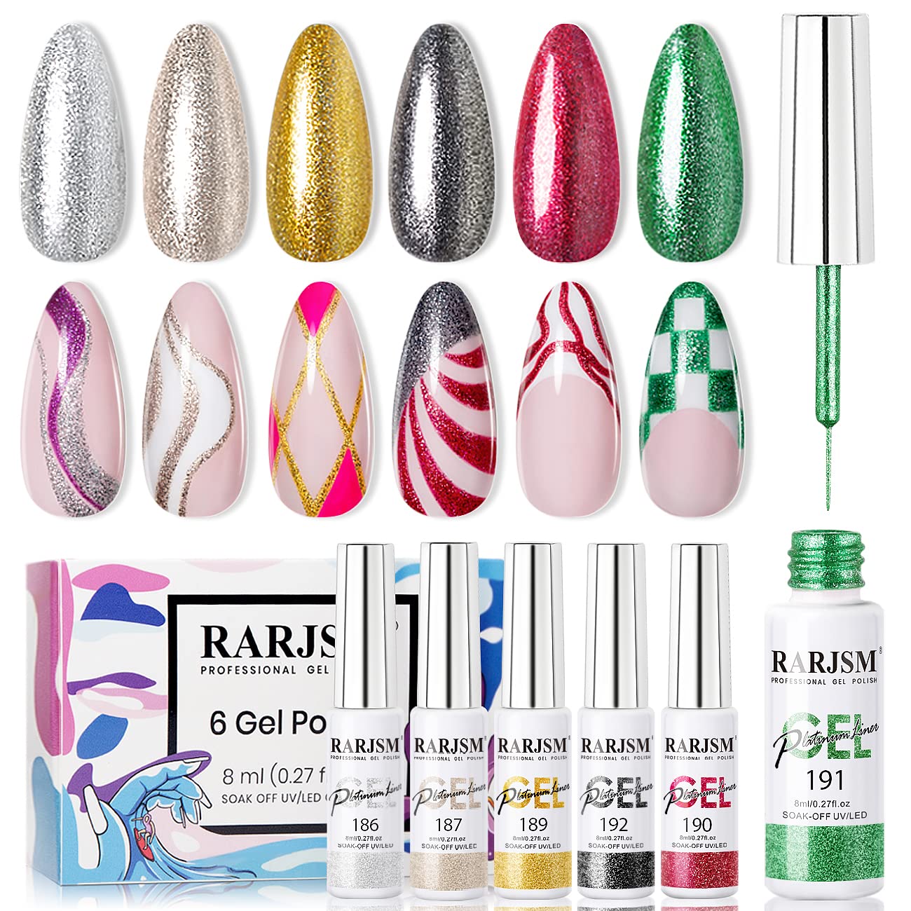 RARJSM Juego de esmaltes de uñas de gel de pintura metálica, negro, plateado, dorado, verde, rosa, negro, brillantina, efecto platino, esmalte de