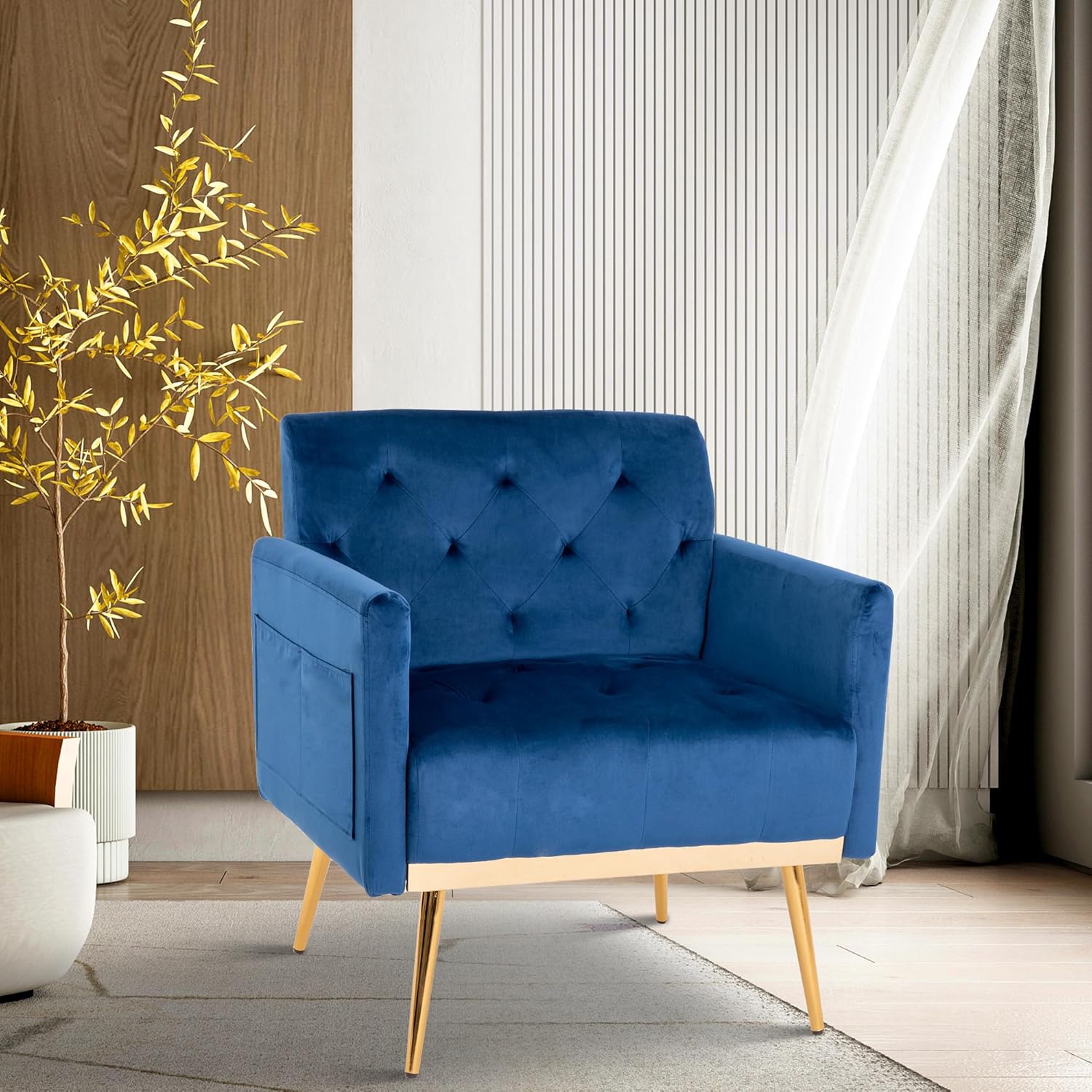 Silla decorativa de terciopelo con patas de metal dorado, silla de lectura moderna de mediados de siglo con bolsillo lateral, cómodo sillón