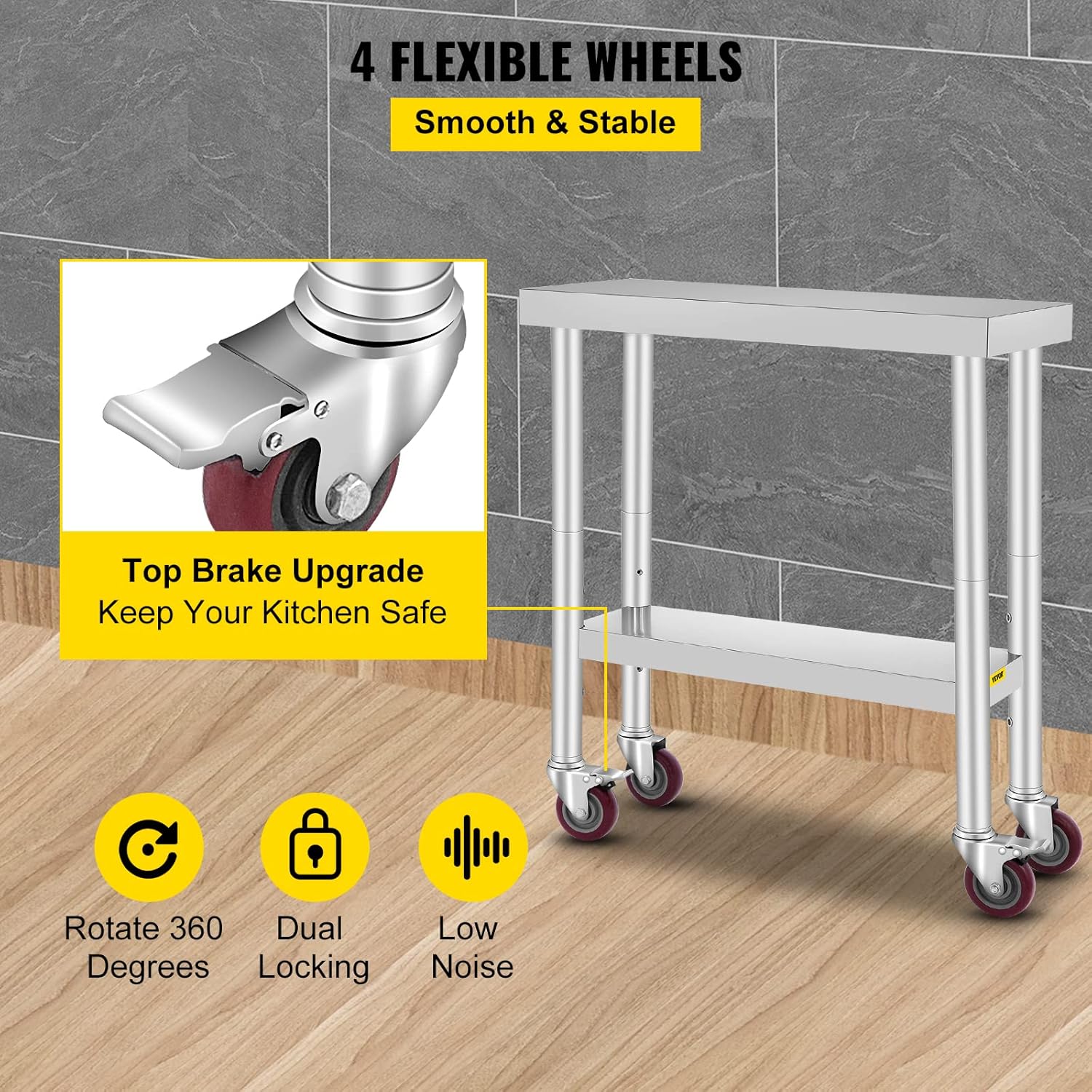 Vevor Mesa de trabajo de acero inoxidable de 30 x 12 x 34 pulgadas, estante ajustable de 3 etapas con 4 ruedas, mesa de trabajo de preparación de
