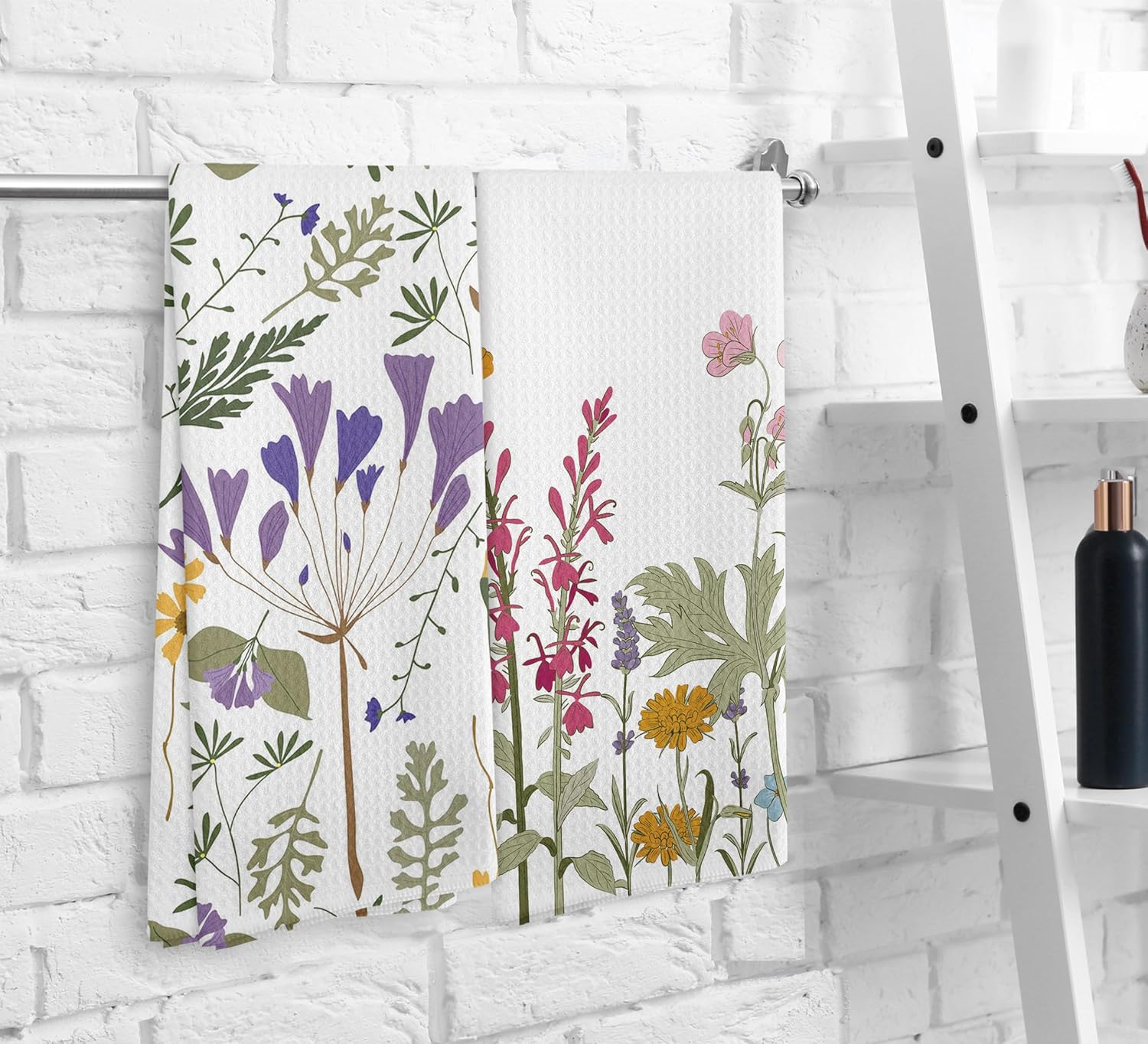Juego de 2 paños de cocina y paños de cocina con diseño floral de jardín botánico de acuarela, toallas de mano absorbentes de flores de primavera y