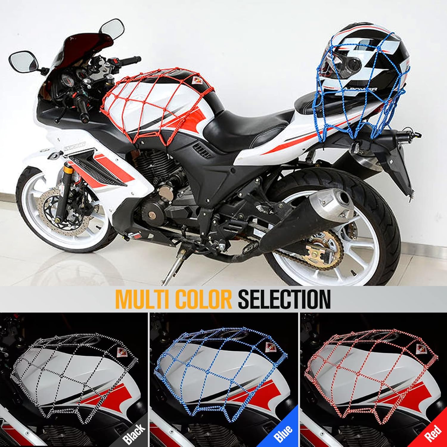 2 redes reflectantes de carga para motocicleta, 15.7 x 15.7 pulgadas, red de carga elástica, accesorios de motocicleta con 6 ganchos, red de malla