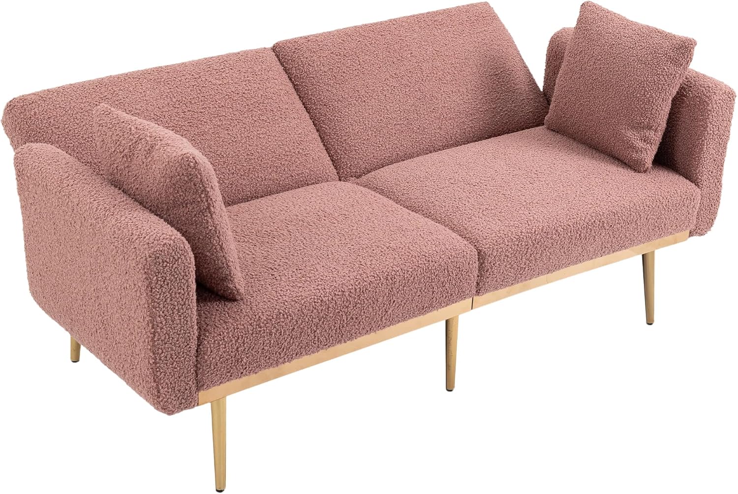 Kakotito Sofá biplaza de terciopelo moderno de mediados de siglo, sofá pequeño con 7 patas de metal dorado (peluche rosa cepillado)