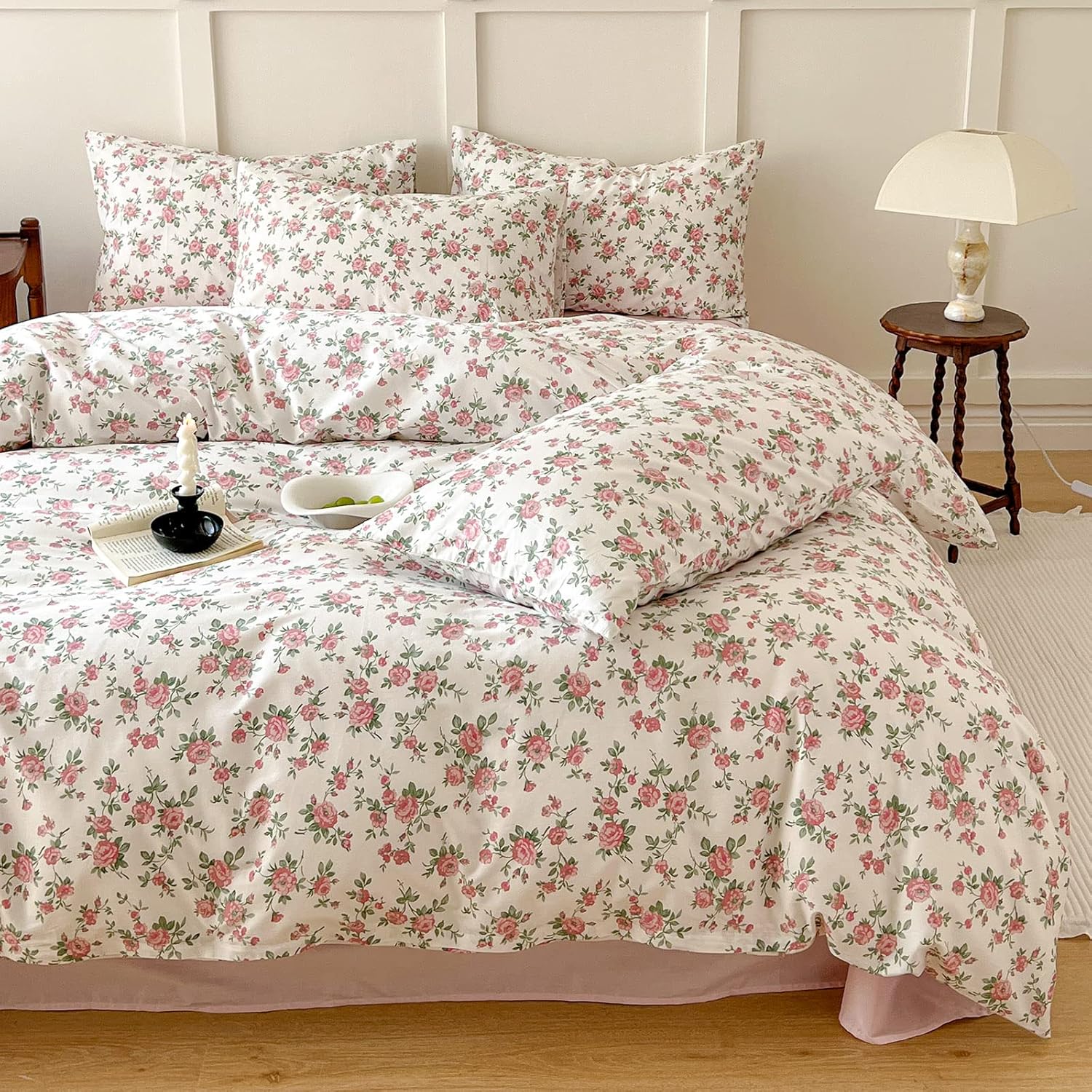 EAVD Juego de funda de edredón floral rosa, tamaño individual, suave, 100% algodón, juego de ropa de cama floral de jardín con 2 fundas de almohada,