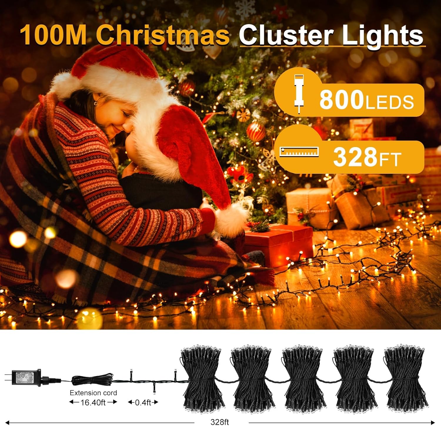 Guirnalda de luces de Navidad para exteriores, 328 pies, 800 luces LED para árbol de Navidad con 8 modos y temporizador, control remoto RF,