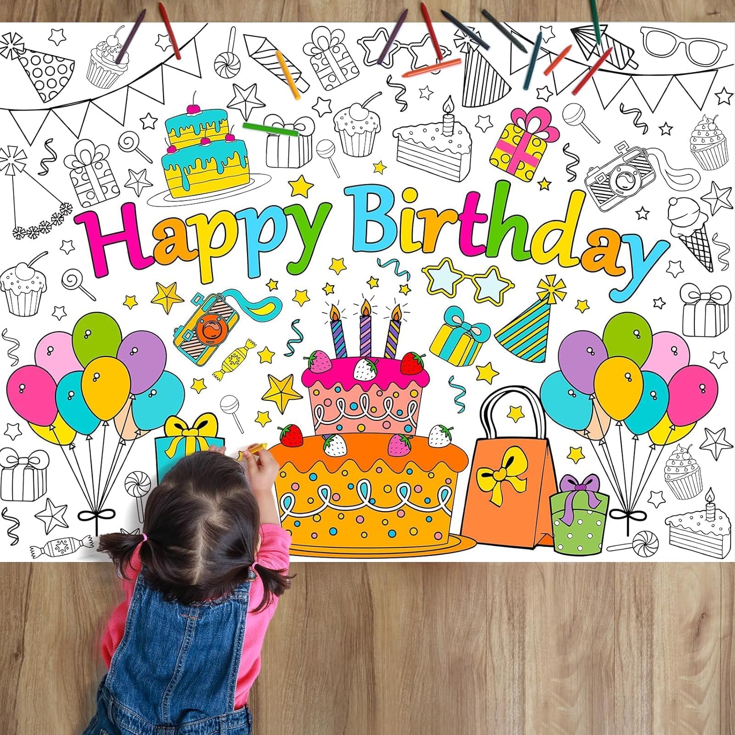 Póster para colorear de feliz cumpleaños para niños, póster gigante para colorear para aula, mantel grande de cumpleaños para colorear para pared,