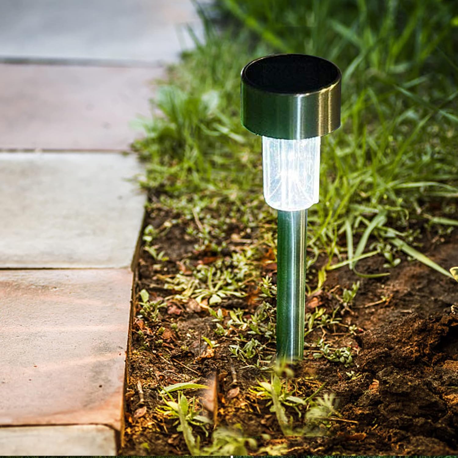 Paquete de 12 luces solares para exteriores, de acero inoxidable, impermeables, luces LED, iluminación de paisaje para jardín, camino, entrada,