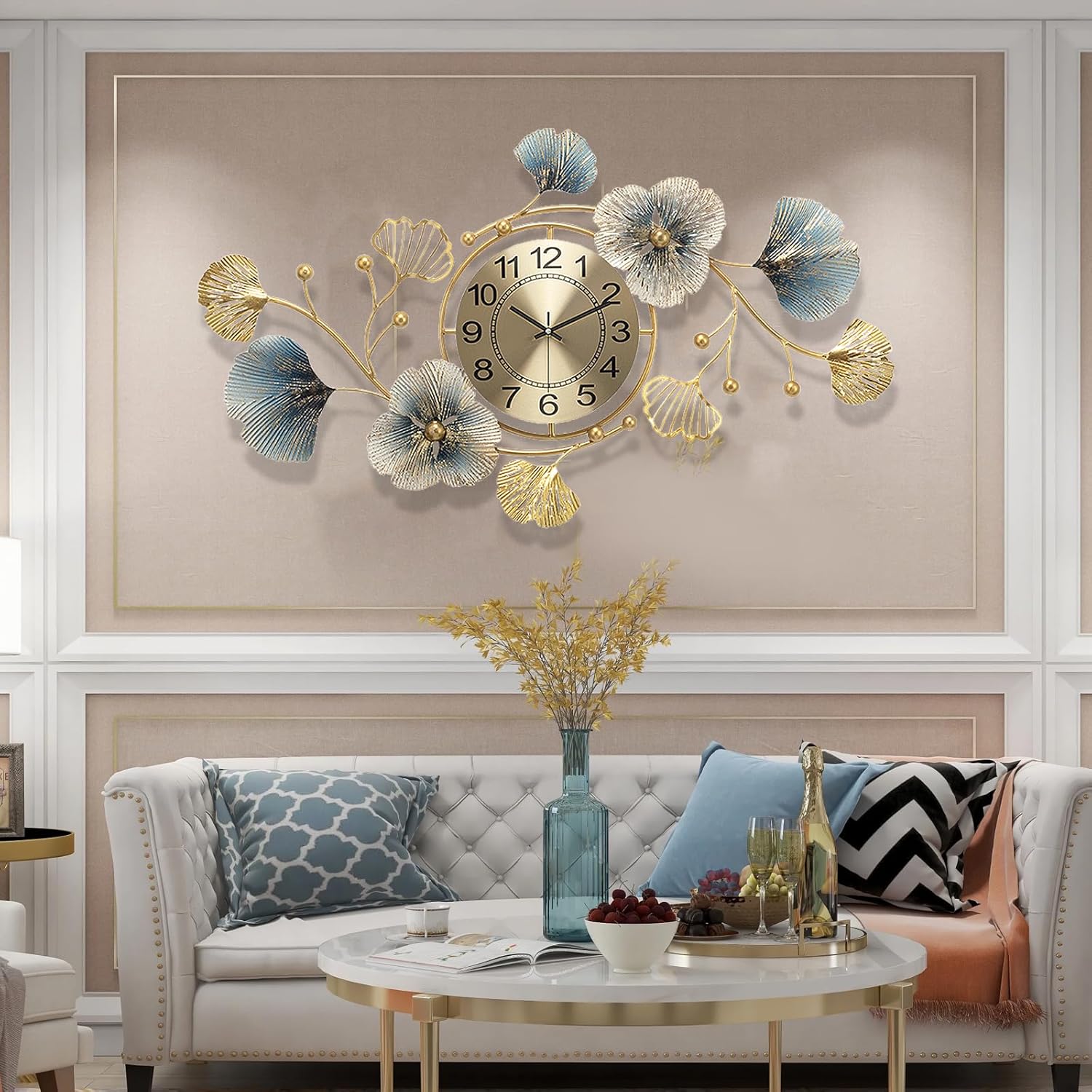 Reloj de pared grande de 33 pulgadas, silencioso, sin tictac, decorativo, de metal, hoja de ginkgo, diseño único, reloj de pared elegante para sala