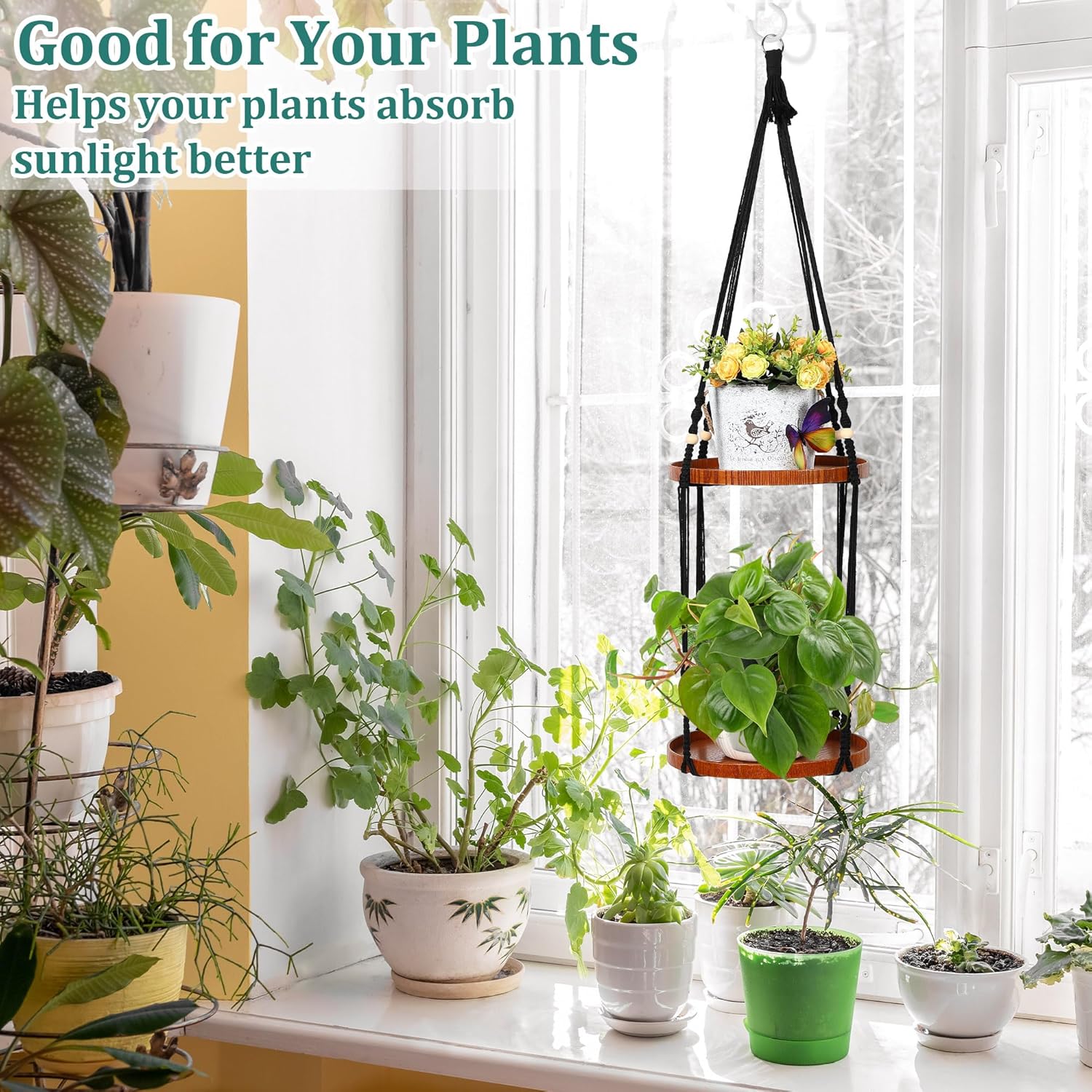 Hiboom Colgador de plantas de 2 niveles para interiores y exteriores, con 2 bandejas de madera maciza, estante colgante de macramé para decoración