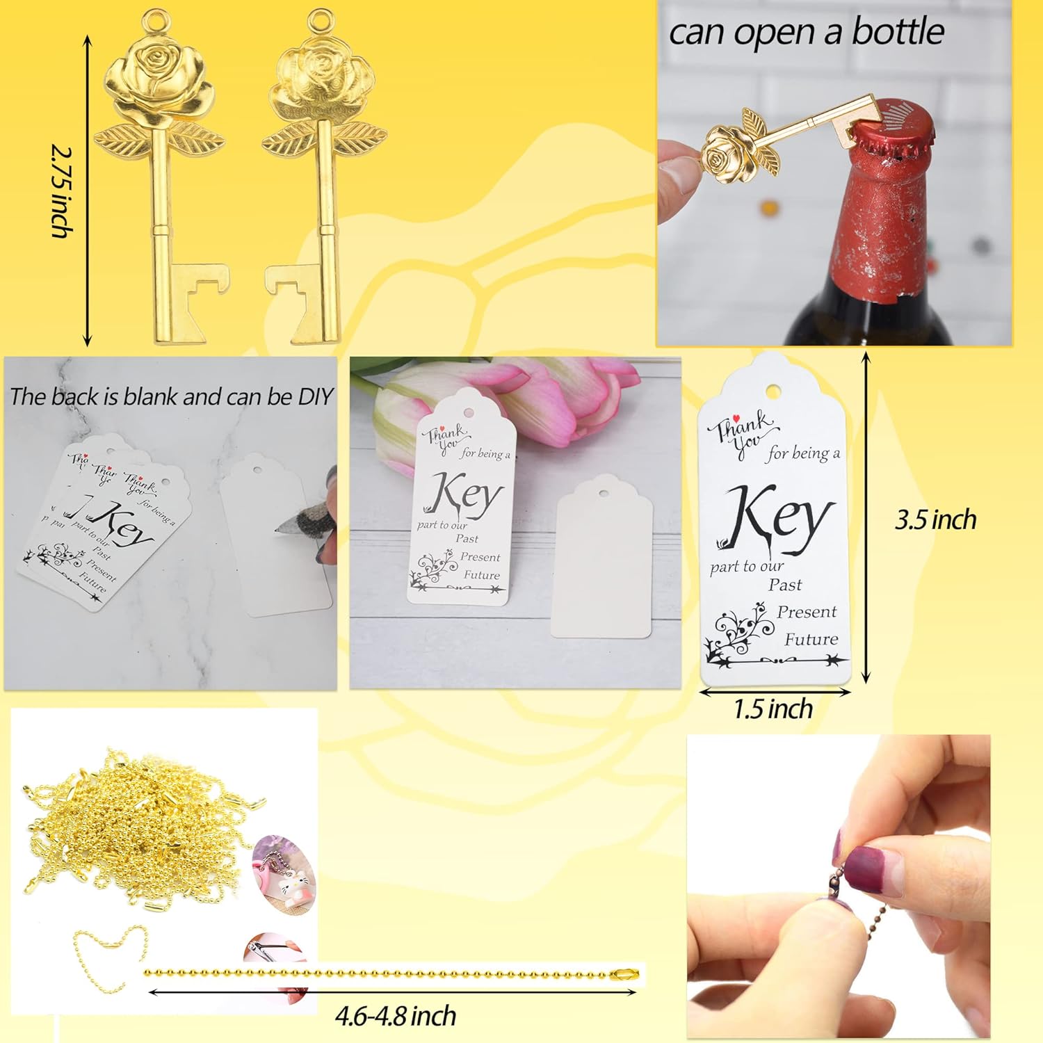 Aokbean 100 juegos de llaves en forma de flor de rosa, regalos de boda, regalo para invitados, llave de esqueleto a granel, abridor de botellas con