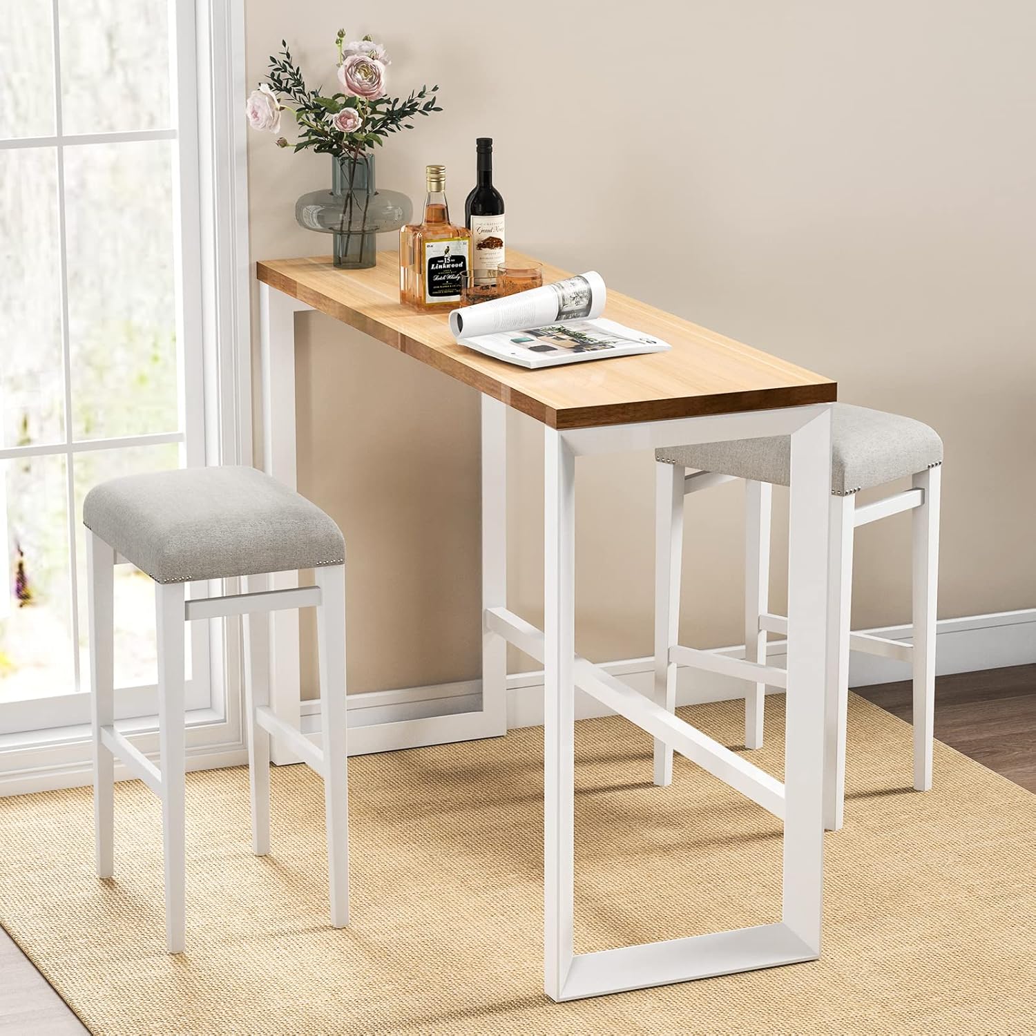 COSTWAY Juego de 2 taburetes de bar de 29.5 pulgadas de altura de mostrador con cojines de asiento acolchados, patas de madera de caucho natural,
