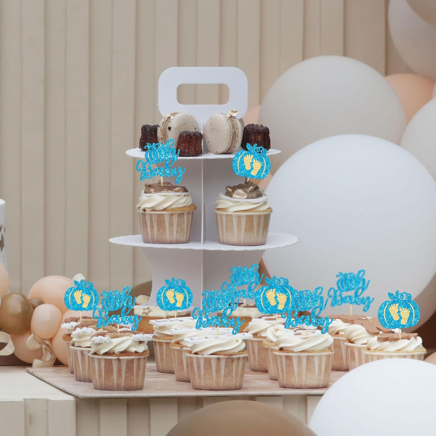 Gyufise 24 piezas de calabaza Oh Baby Cupcake Toppers Glitter Boy Baby Shower Calabaza Cupcake Picks Baby Feet Decoraciones para pasteles temáticos
