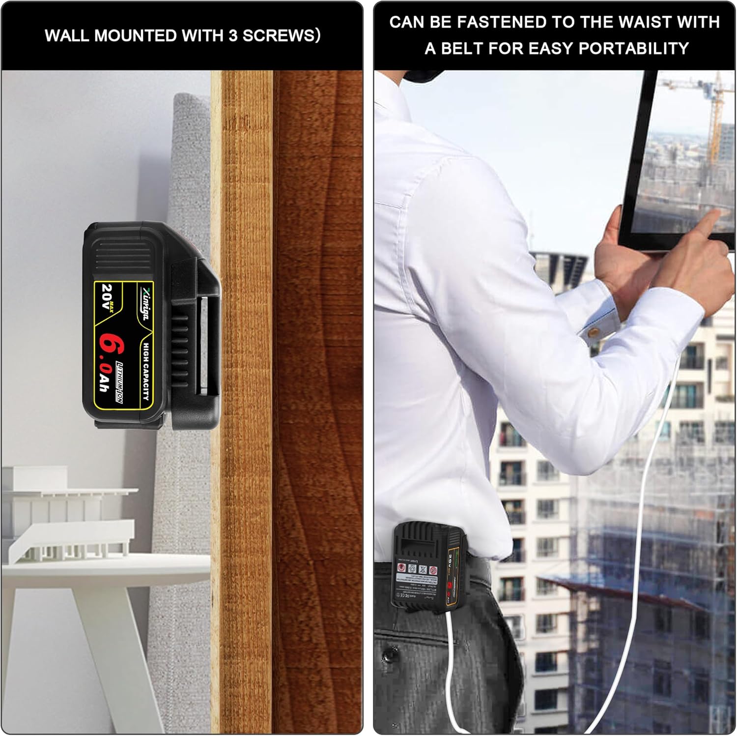Paquete de 2 adaptadores de cargador USB negro, compatible con batería Dewalt de 20 V 60 V Max, con carga rápida tipo C y puertos USB (solo