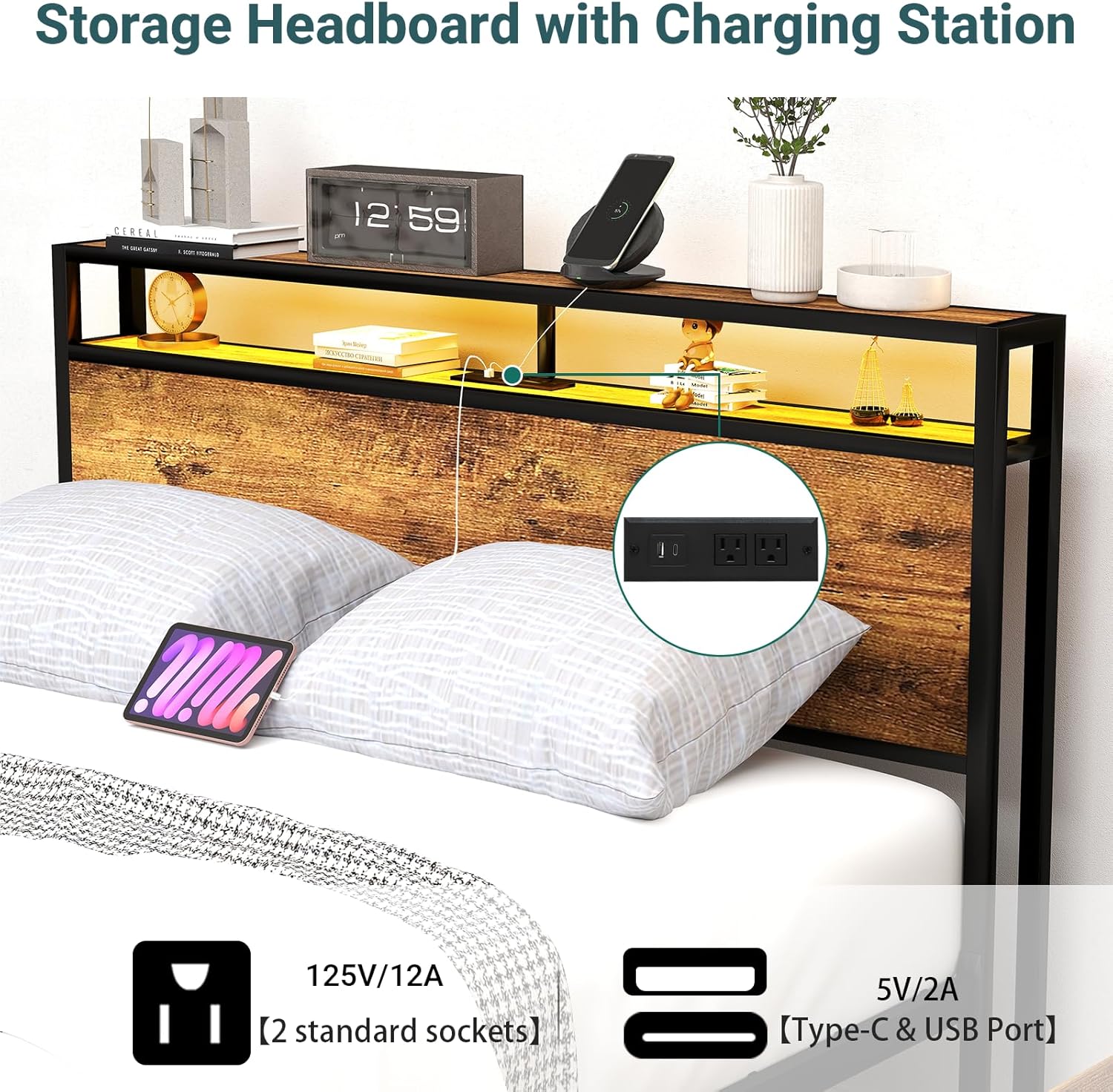 Base de cama tamaño Queen con 8 cajones de almacenamiento, cama de plataforma Queen resistente con cabecera y estribo de madera, diseño sin ruido,