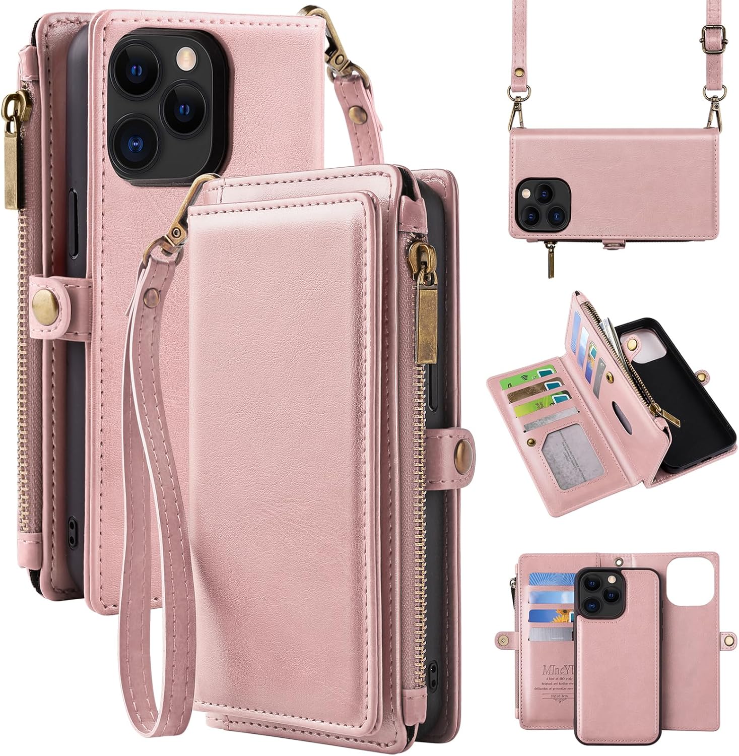 MInCYB Funda tipo cartera para iPhone 13 Pro con tarjetero (12 ranuras para tarjetas), funda de piel sintética para mujeres y hombres, carga